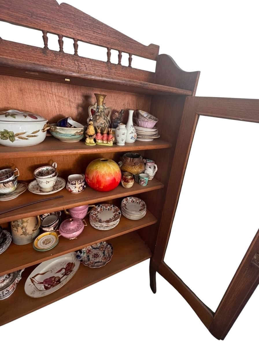 Antique Edwardian Oak Display Cabinet with Glass Doors