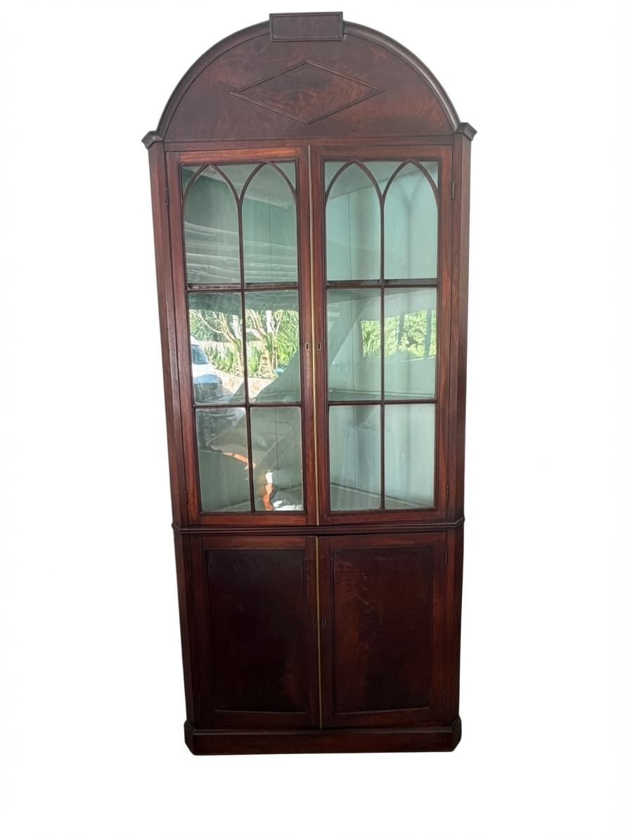 Antique Mahogany Gothic Arch Corner Display Cabinet Tall Architectural Piece