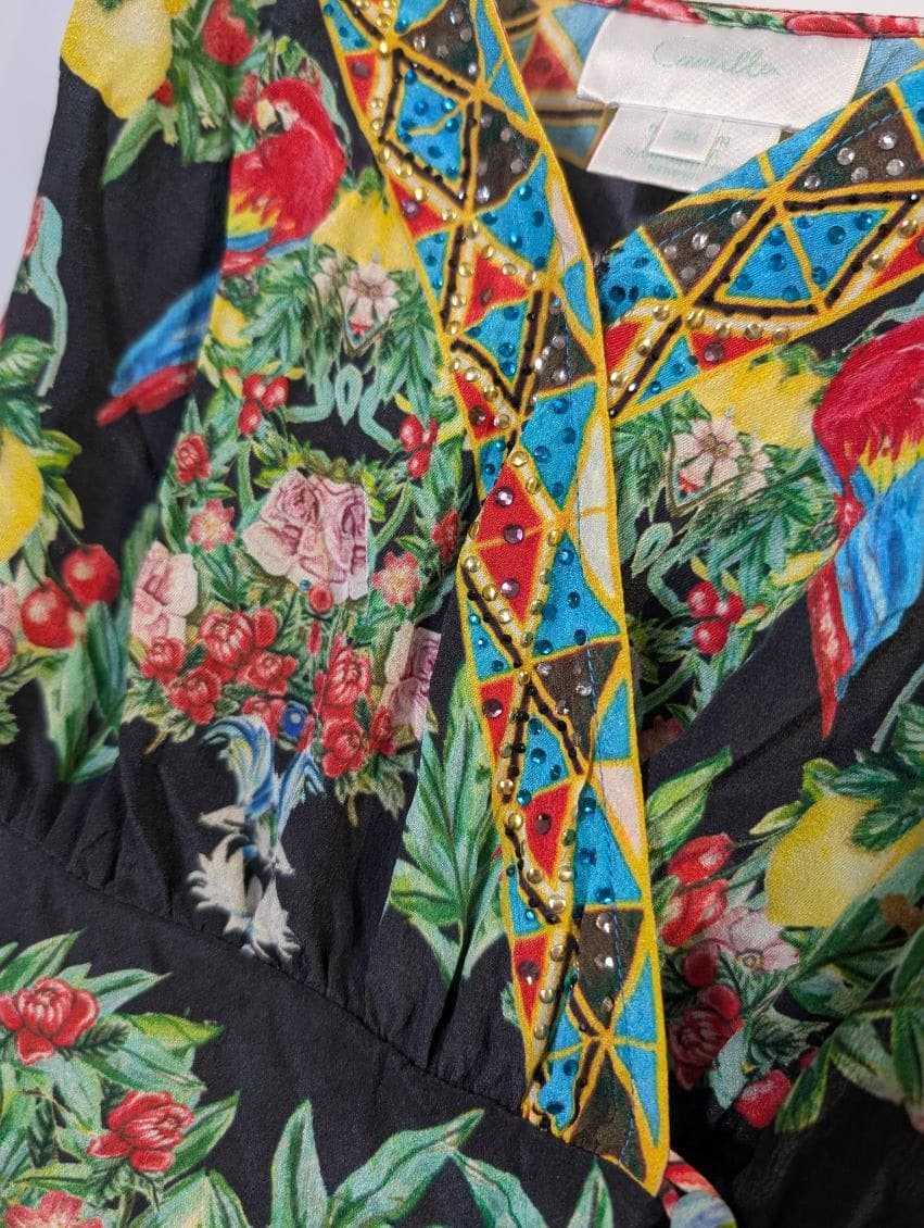 Camilla Parrot and Fruit Print Silk Maxi Dress with Crystal Embellishments — photo 5 of 10