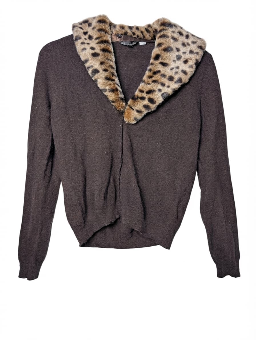 East Knit Cardigan Brown Leopard Print Faux Fur Collar Women's Size S — photo 1 of 9