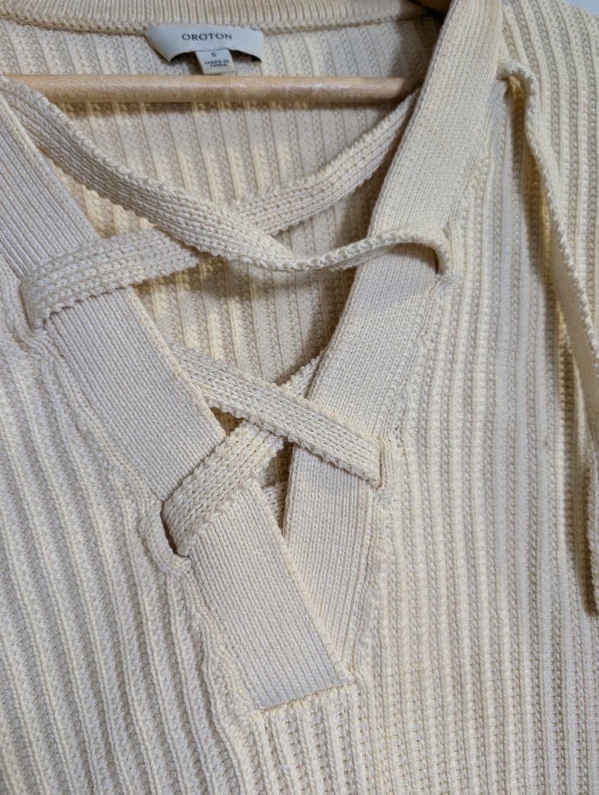 Oroton Ribbed Knit Lace-Up Polo Top Cream Women's Size S — photo 3 of 8