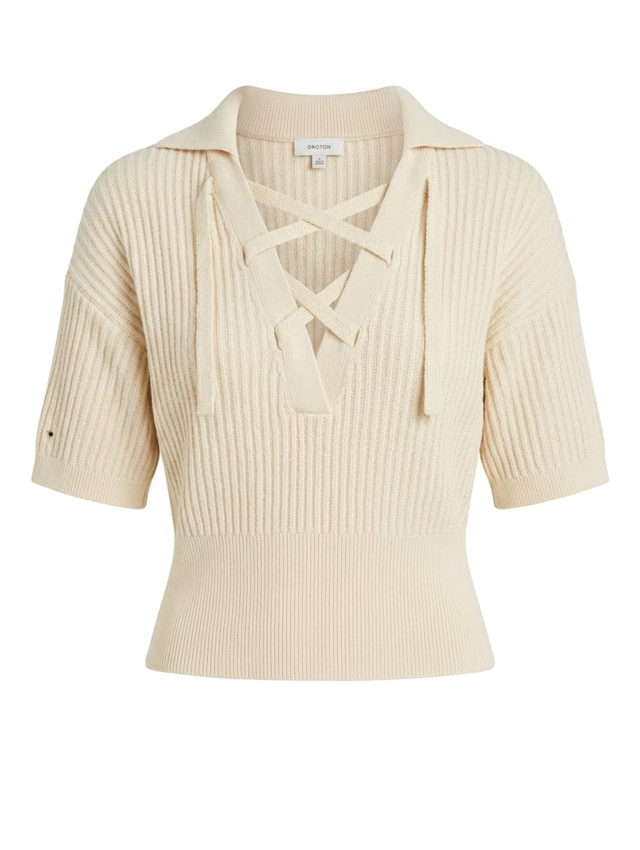 Oroton Ribbed Knit Lace-Up Polo Top Cream Women's Size S — photo 1 of 8