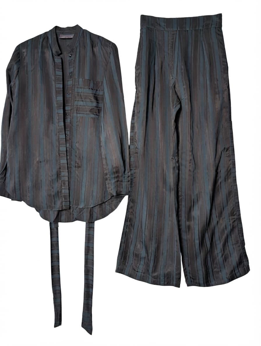 Silk Stripe Shirt and Wide Leg Trouser Set Dark Grey Size M