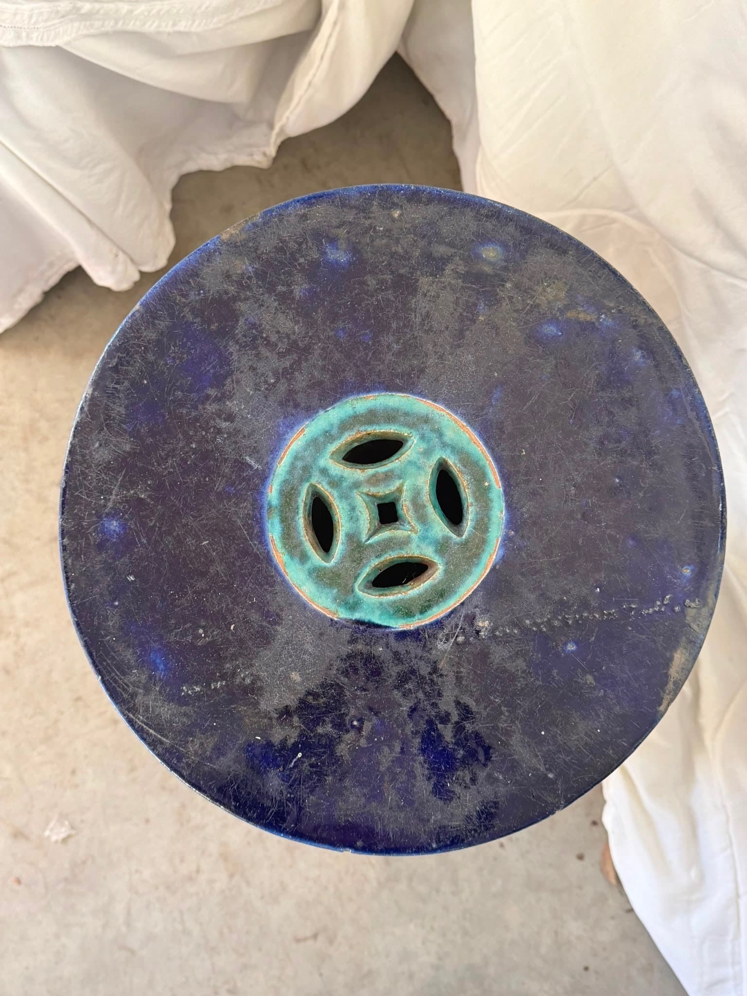 Vintage Chinese Glazed Ceramic Pedestal Hexagonal Floral Jardinere — photo 2 of 4