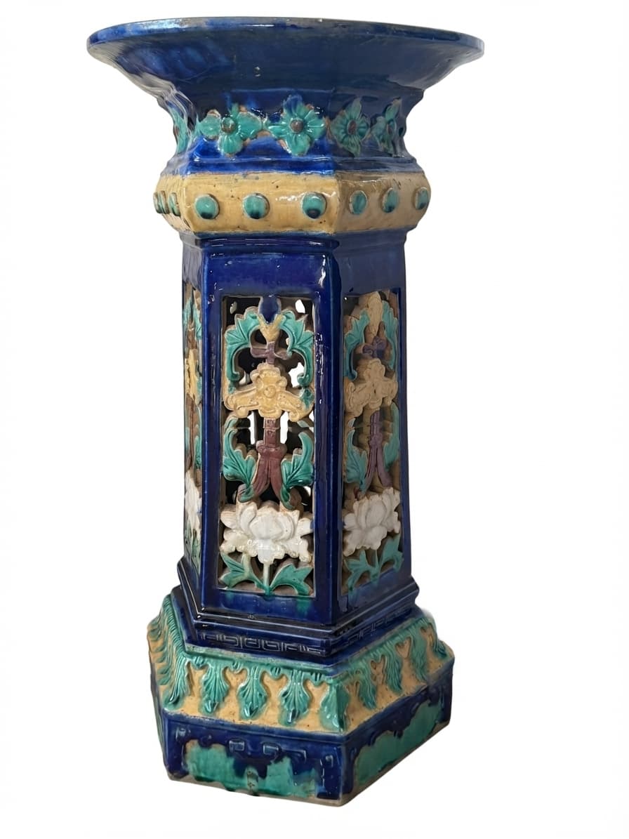 Vintage Chinese Glazed Ceramic Pedestal Hexagonal Floral Jardinere