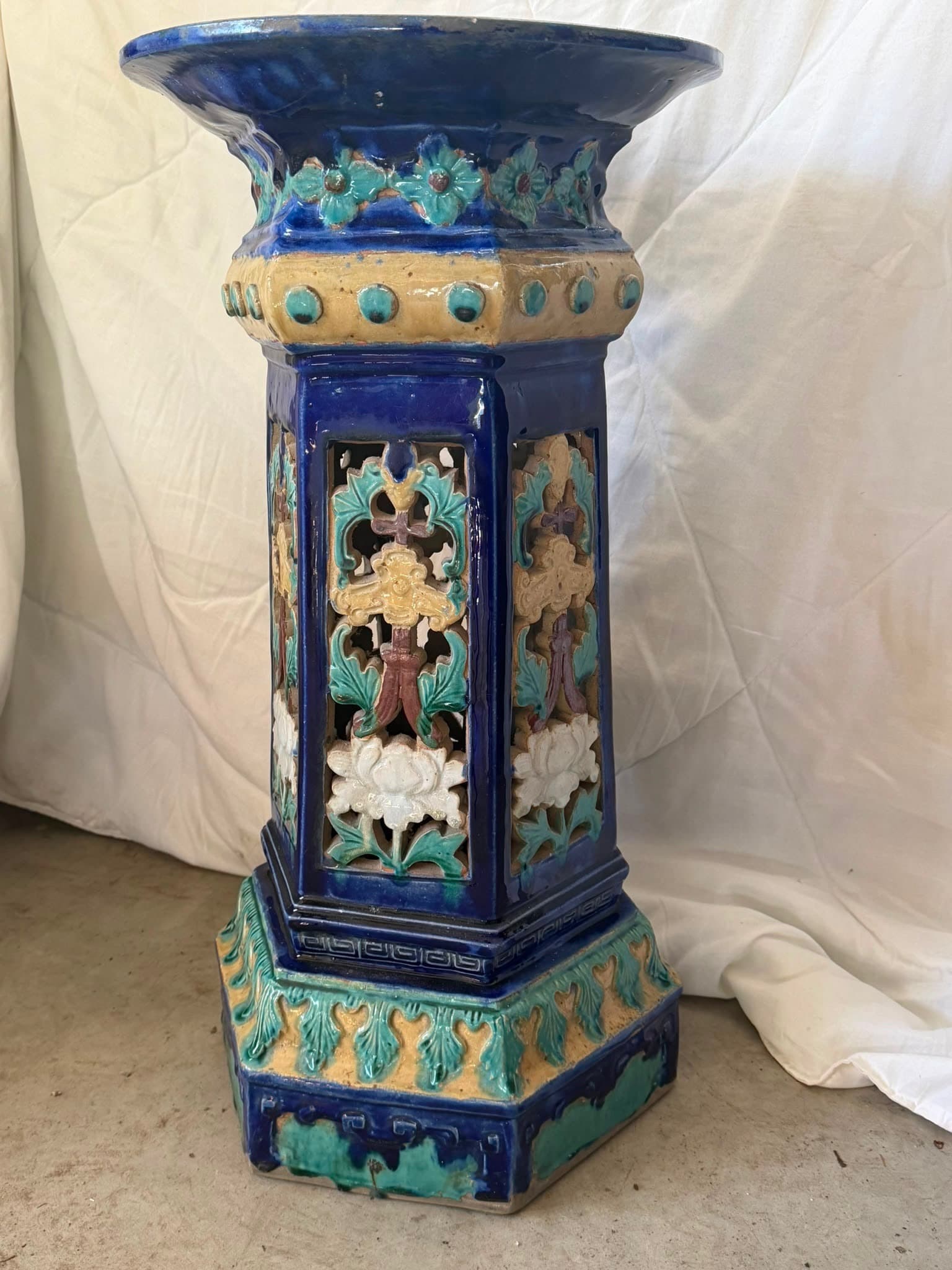 Vintage Chinese Glazed Ceramic Pedestal Hexagonal Floral Jardinere — photo 4 of 4