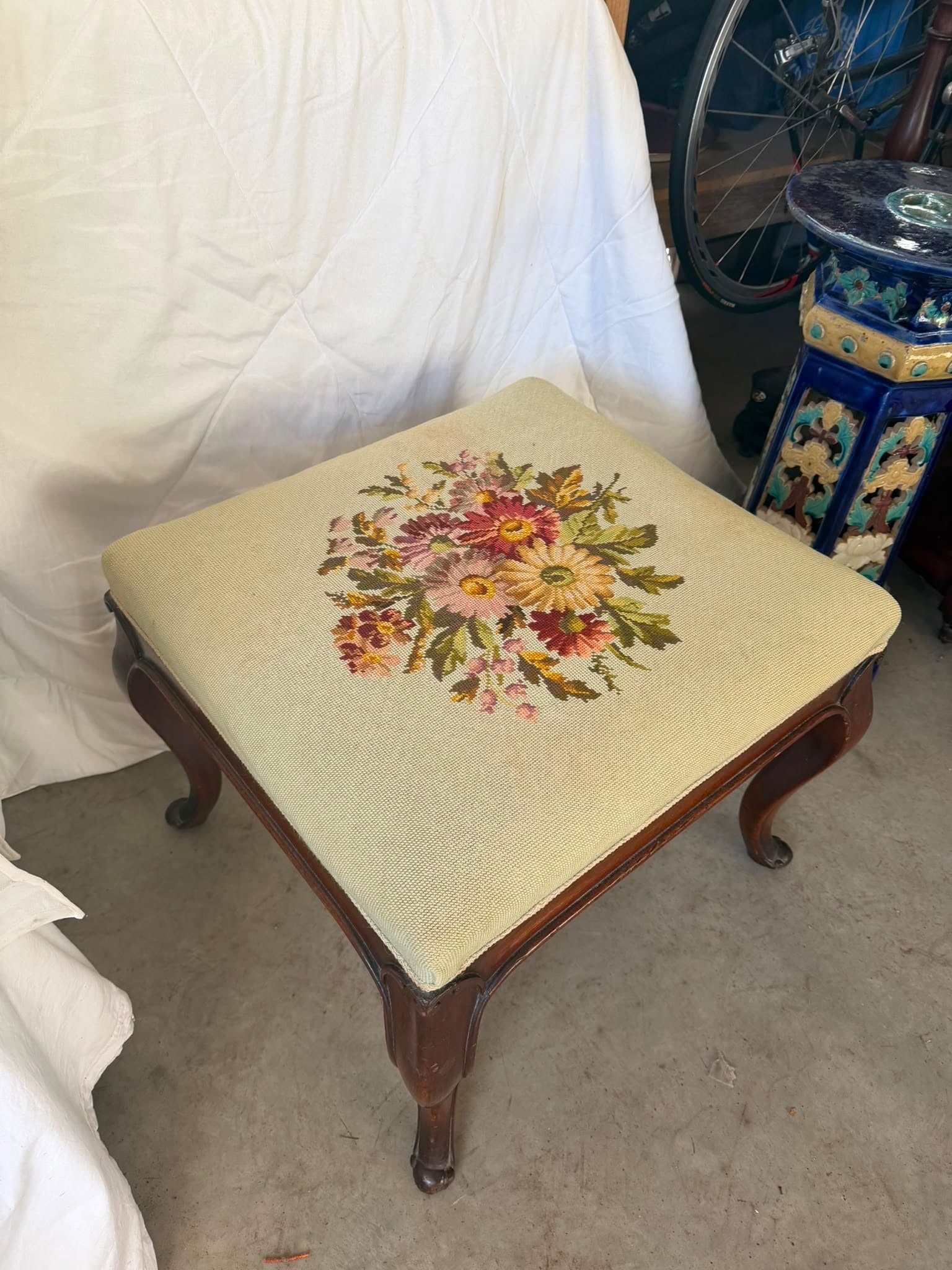 Vintage French Provincial Footstool Floral Needlepoint — photo 2 of 5