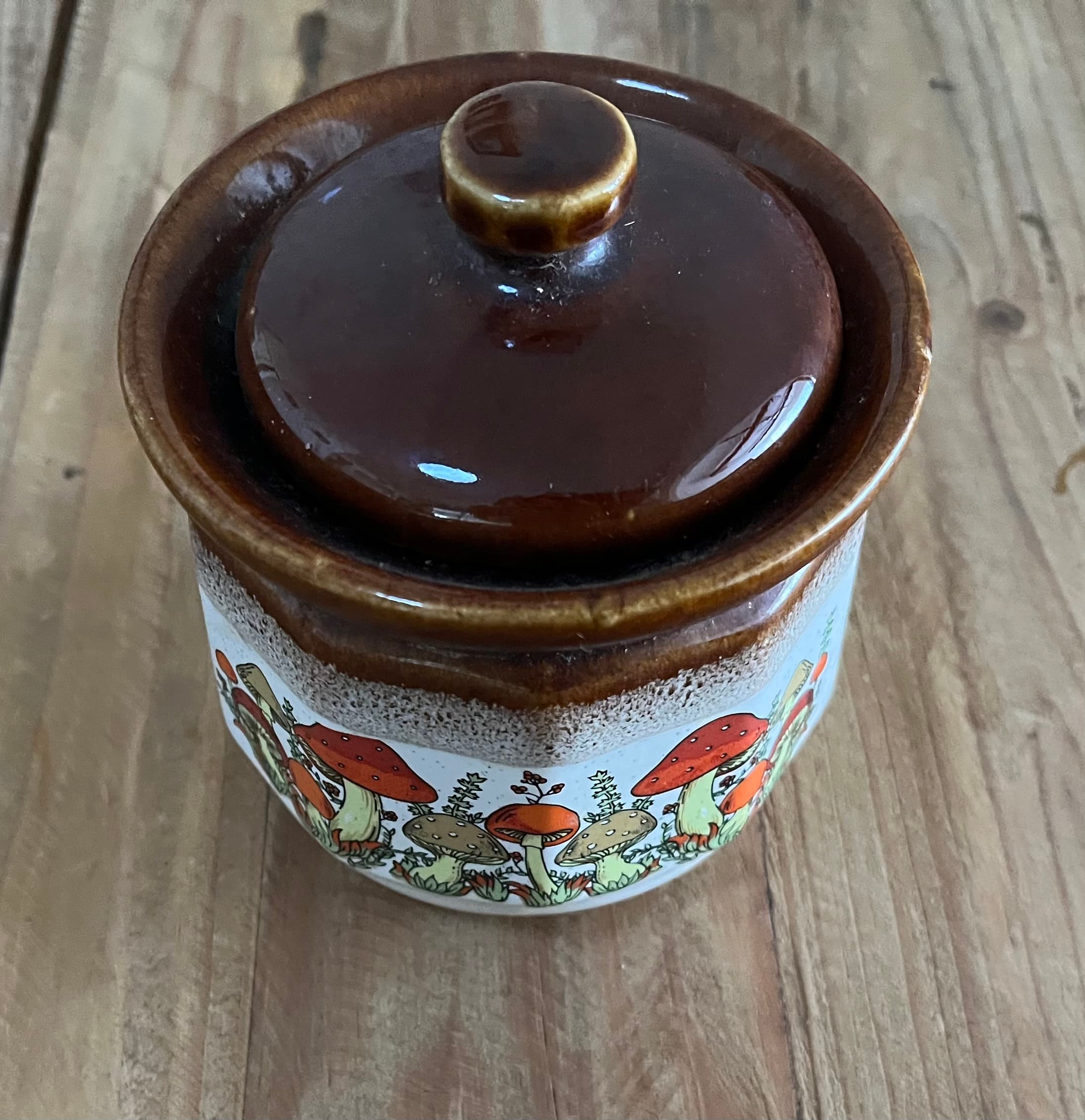 Mid-Century Modern Mushroom Pattern Ceramic Lidded Jar Retro Kitchen Decor