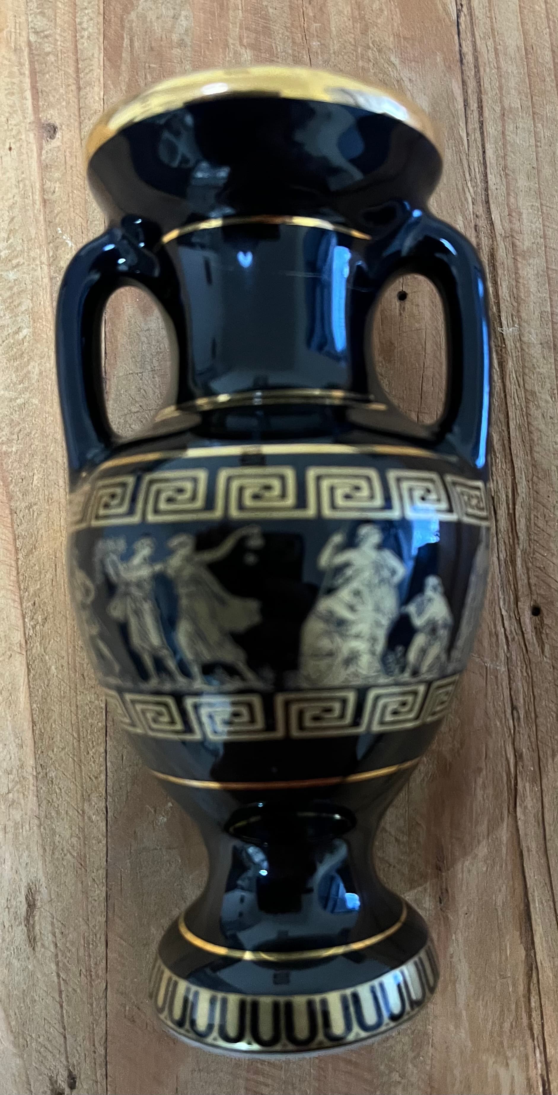 Vintage Greek Key Black And Gold Ceramic Amphora Vase 24k Gold