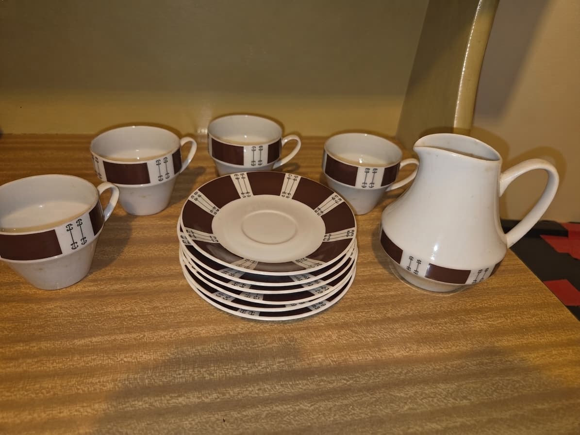 Mid-Century Modern Porcelain Tea Set - Brown Geometric Pattern
