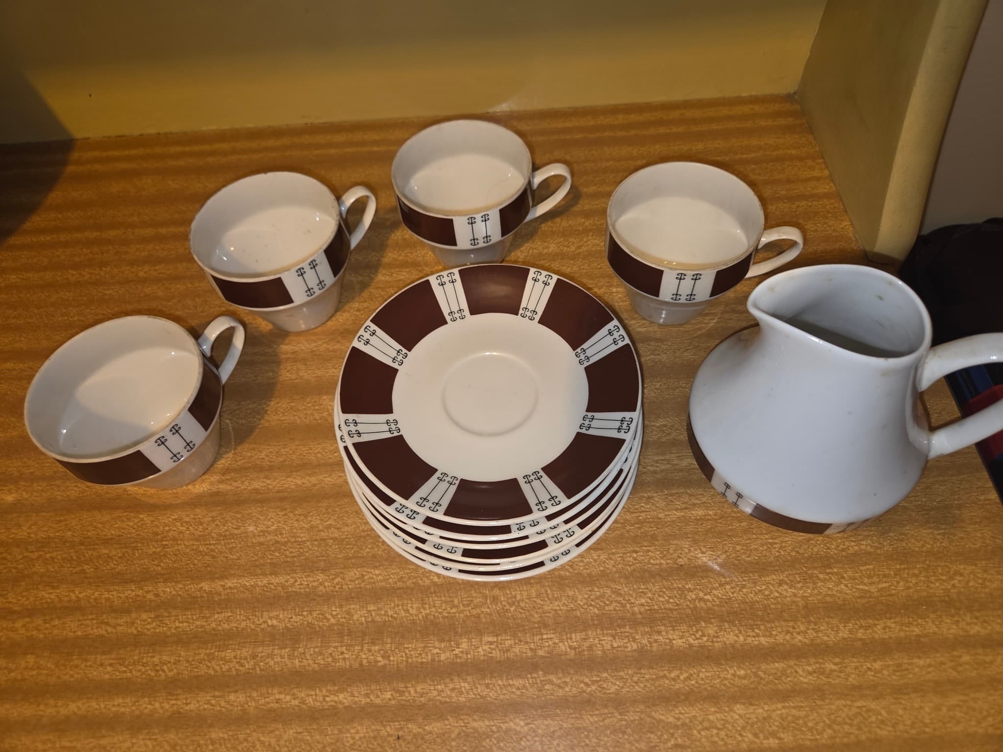 Mid-Century Modern Porcelain Tea Set - Brown Geometric Pattern — photo 2 of 3