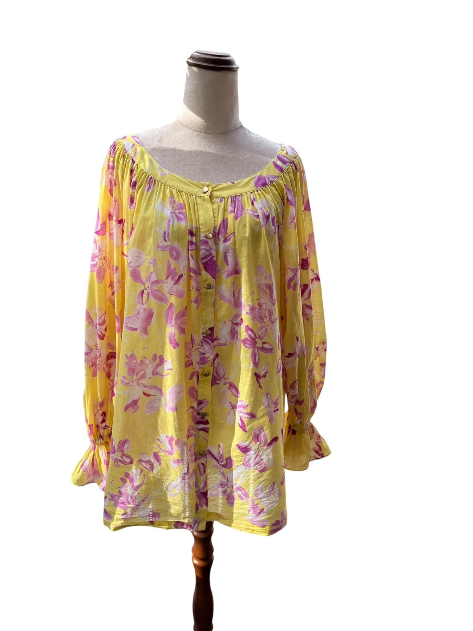 Aje. Floral Button-Down Tunic Yellow and Pink OS