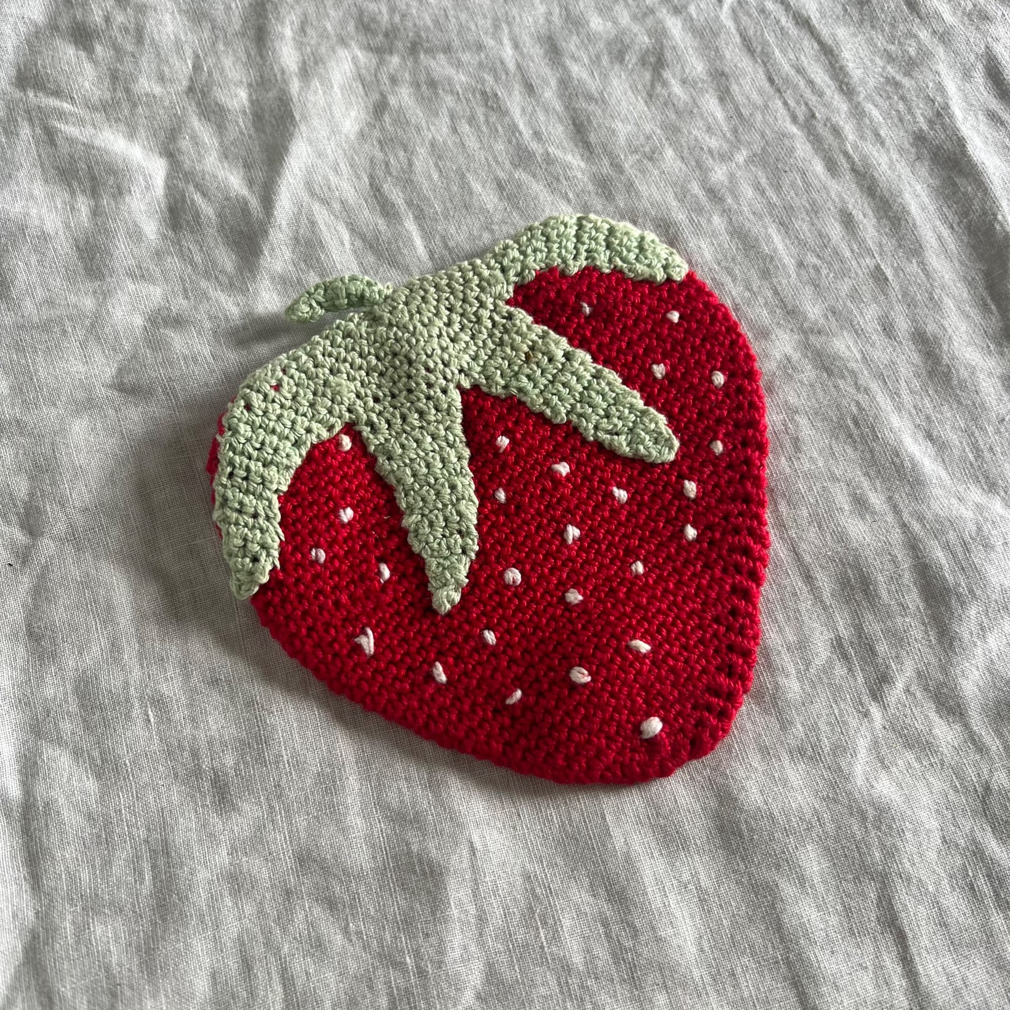 Handmade Crochet Strawberry Coaster - Red And Green Fruit Design