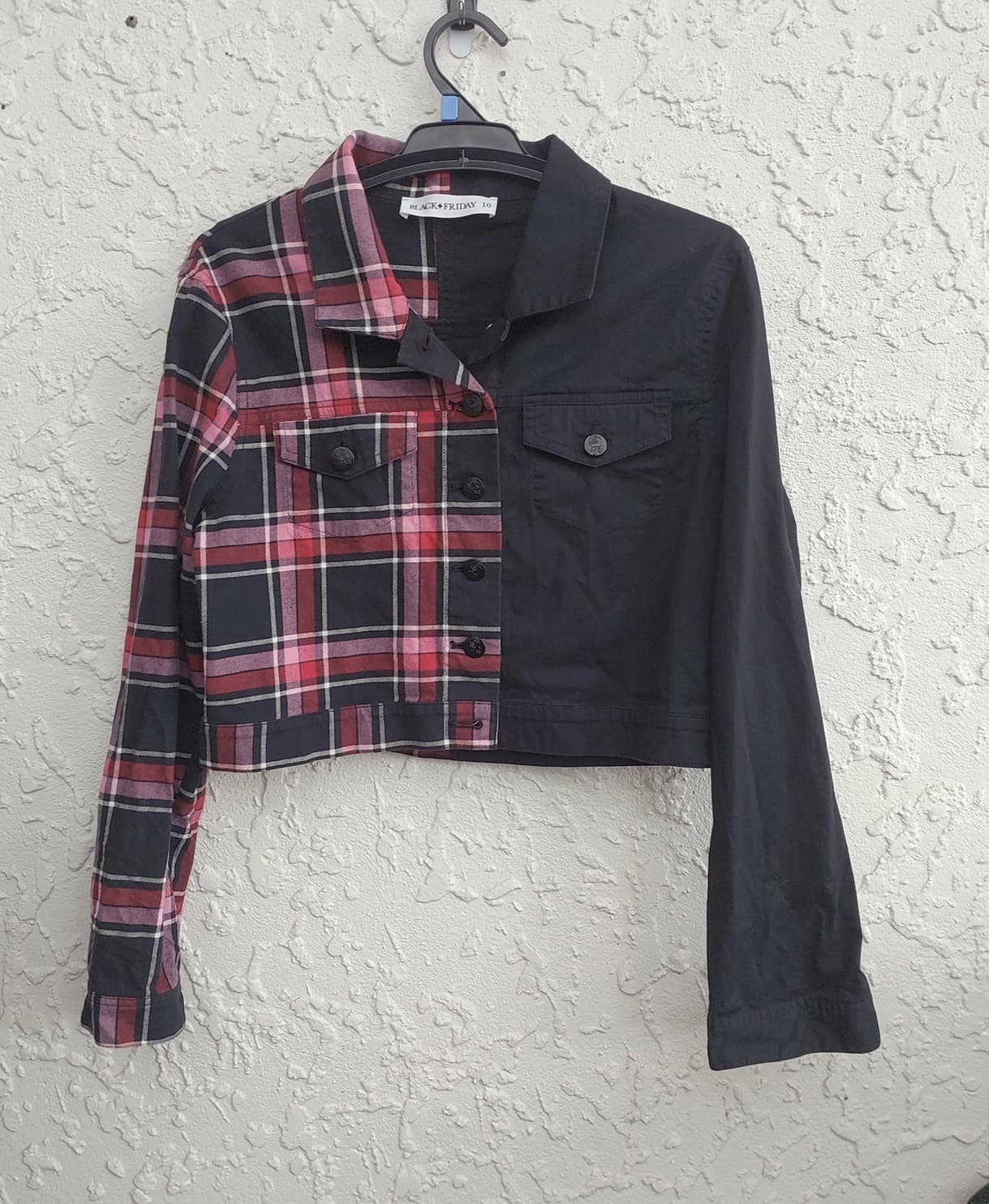 BLACK FRIDAY Split Plaid Cropped Jacket, Black and Red, Size 10