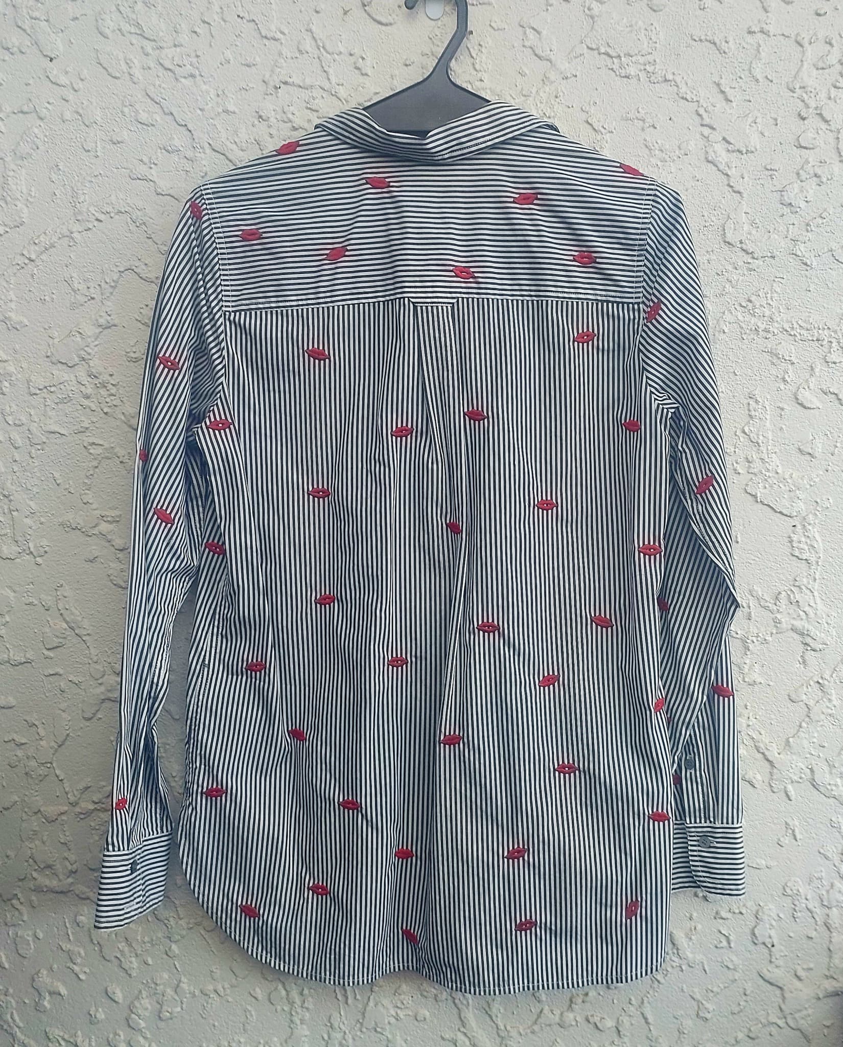 J.Crew Button-Down Shirt, Navy and White Stripe, Red Lip Embroidery, Size 10