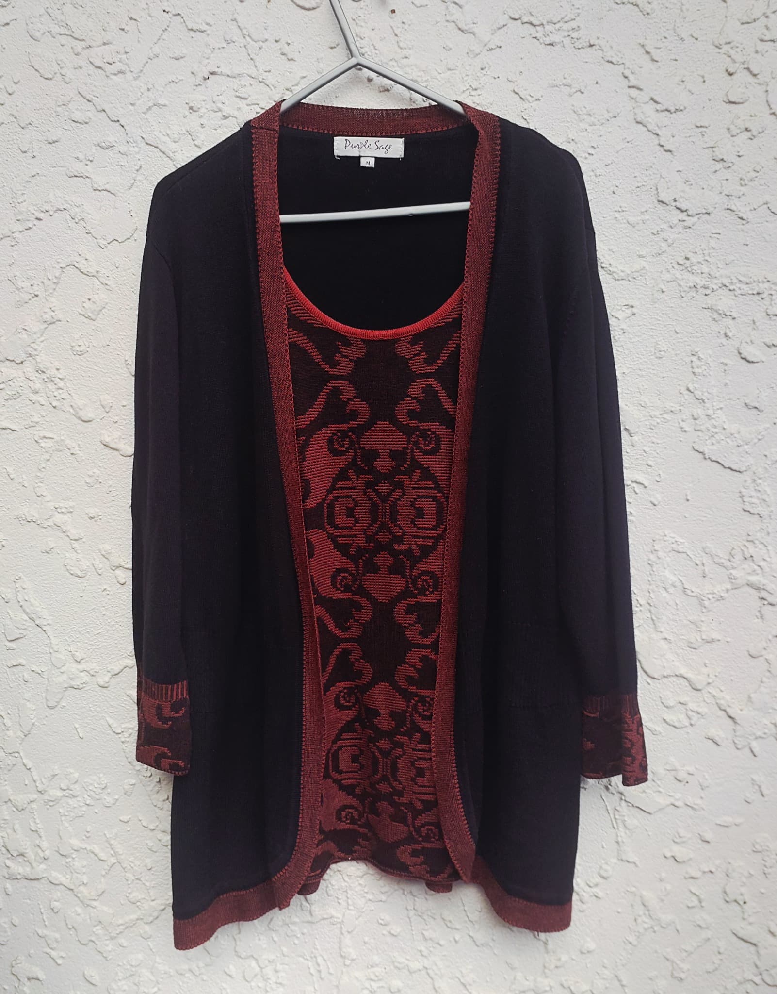 Purple Sage Twin Set Cardigan & Tank Top, Black & Red, Size M