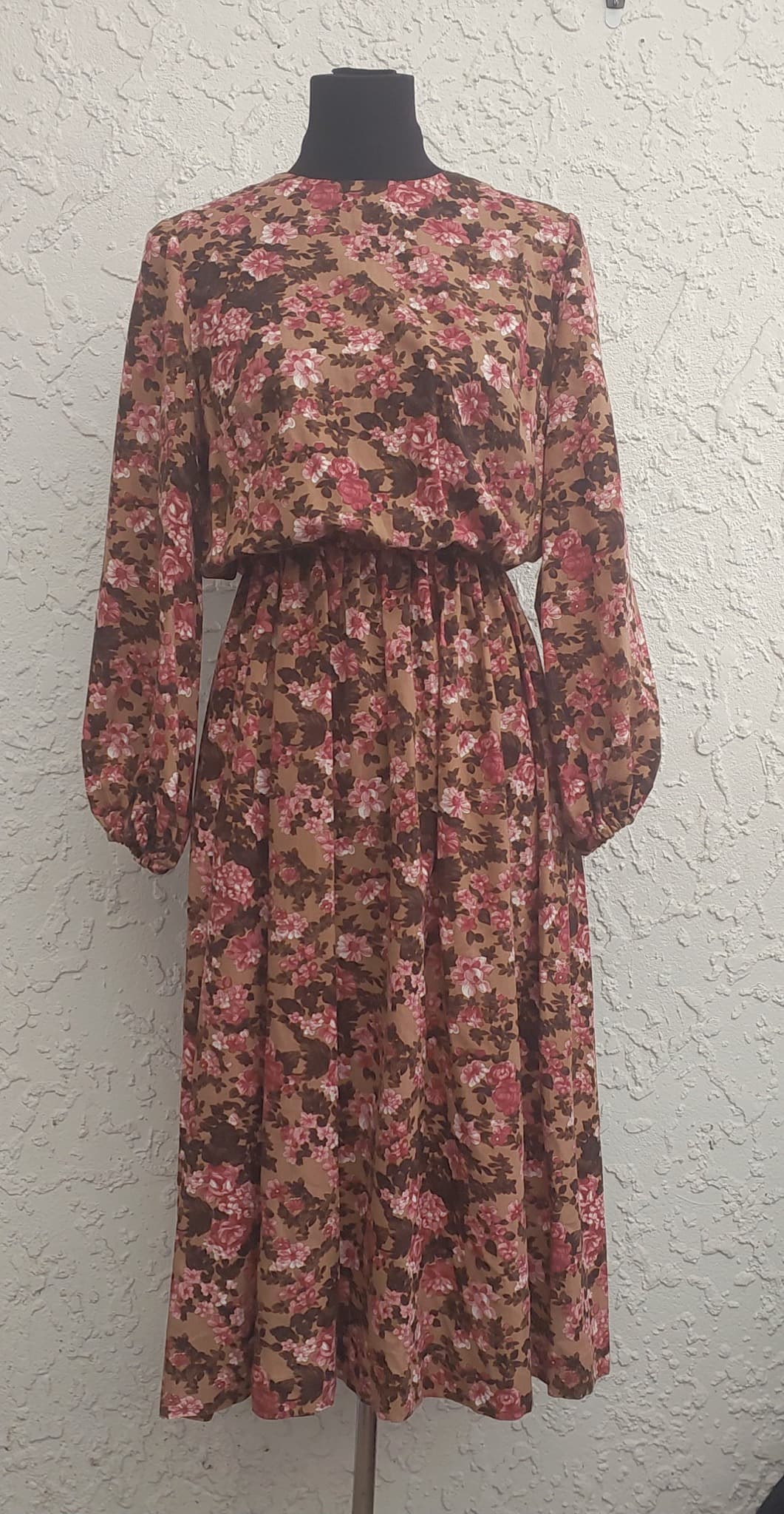 Vintage 1970s Floral Midi Dress, Long Sleeve, Brown and Pink