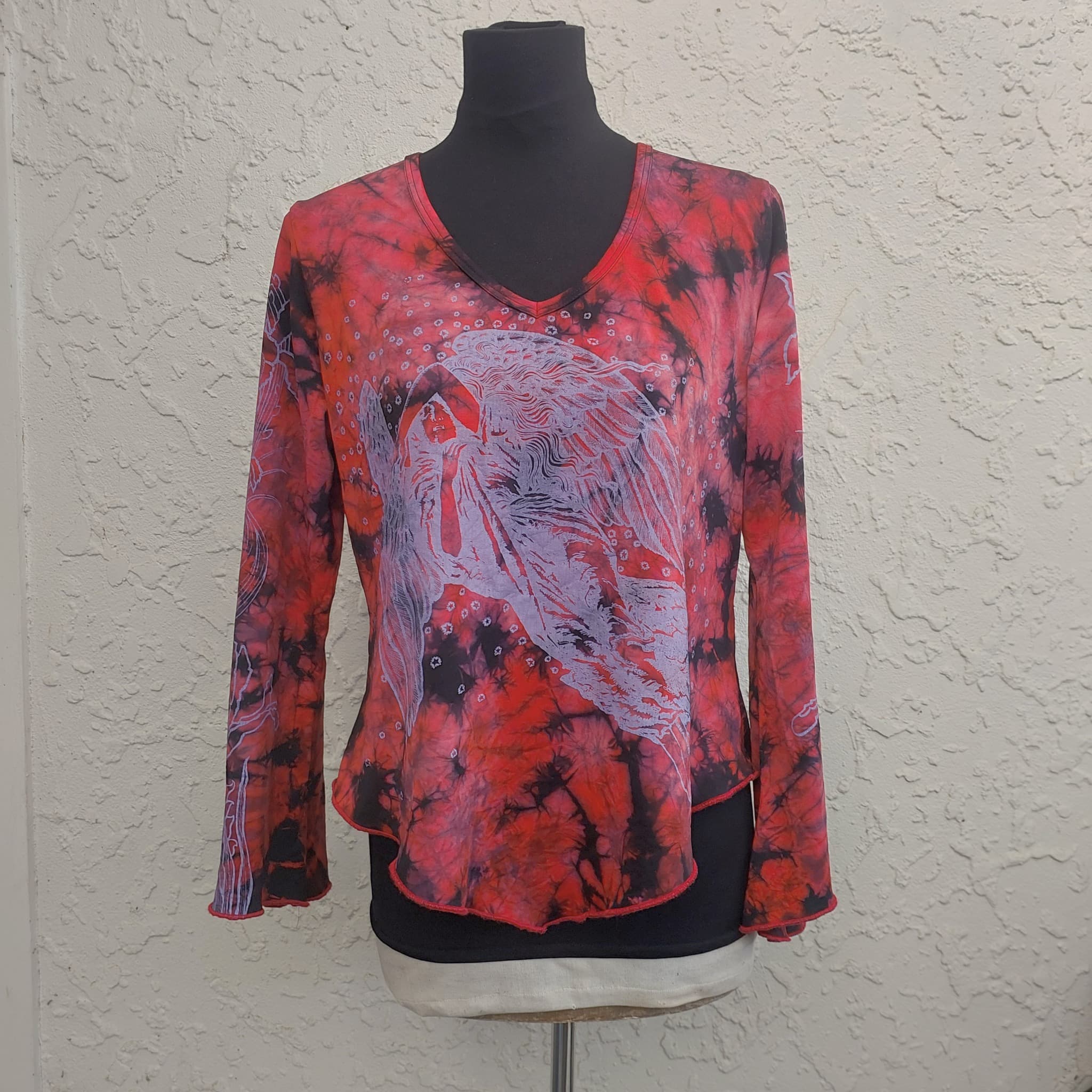 Vintage 90s Y2K Long Sleeve Top, Red Black Tie Dye, Angel Graphic