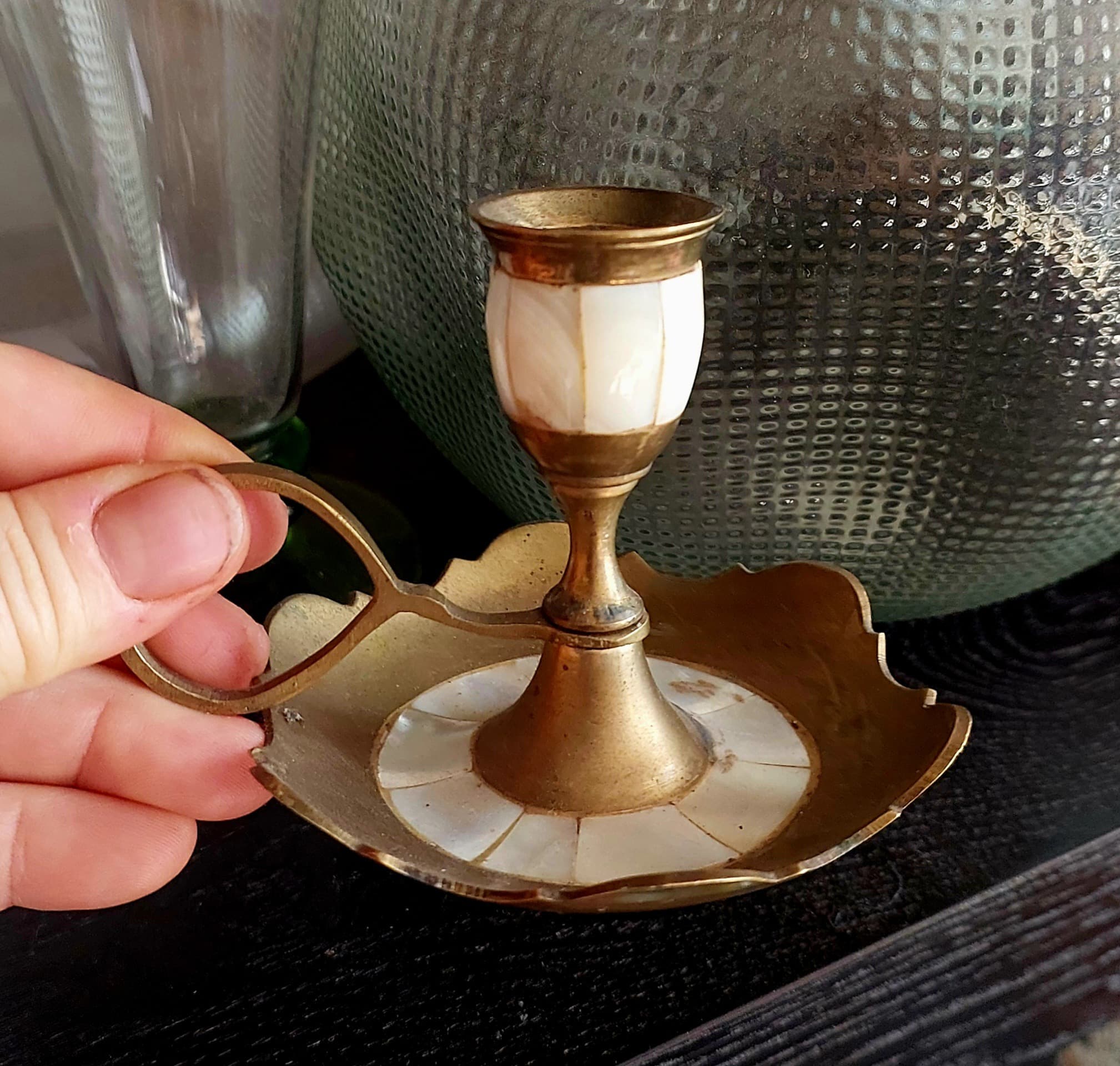 Vintage Brass and Mother of Pearl Chamberstick Candle Holder, Gold