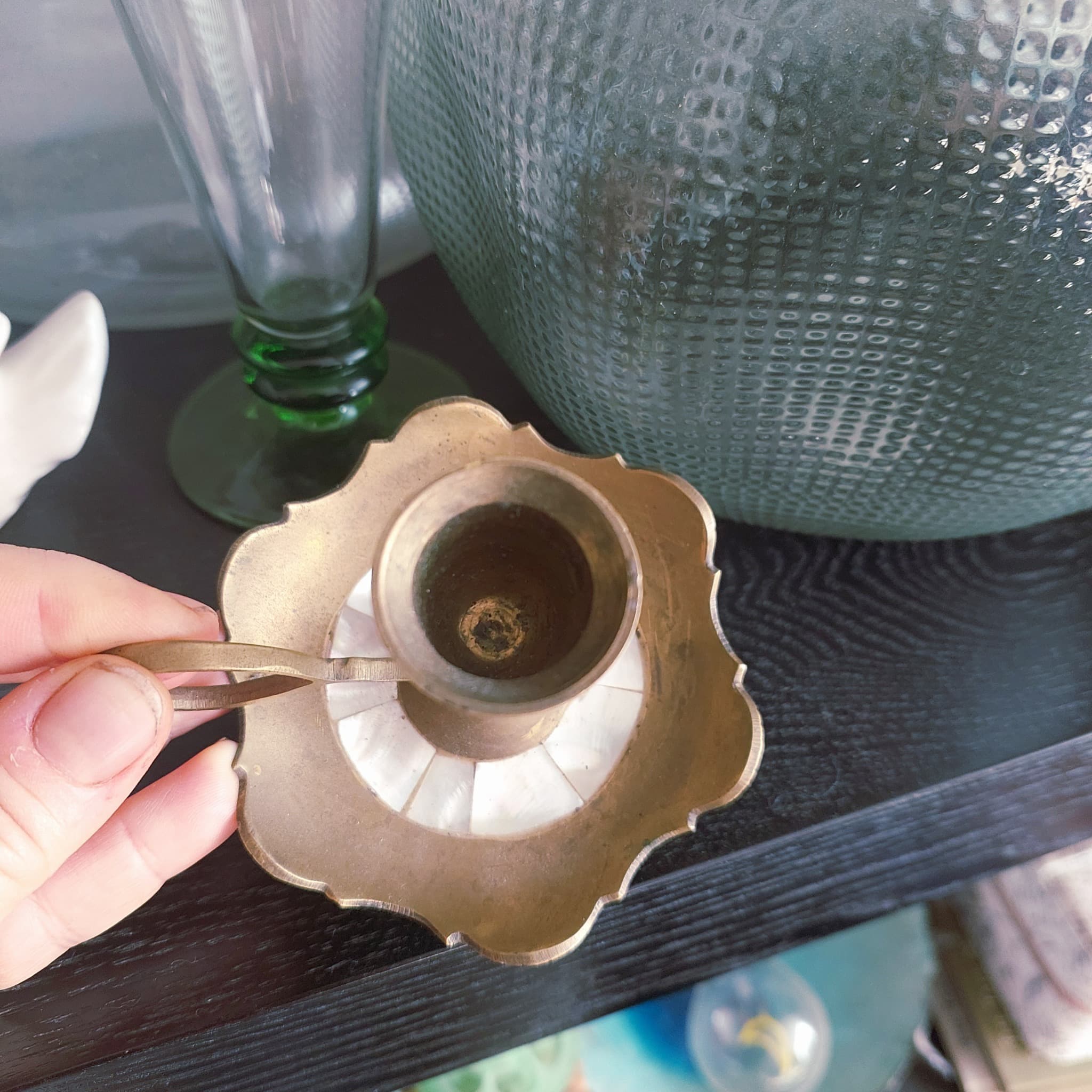 Vintage Brass and Mother of Pearl Chamberstick Candle Holder, Gold — photo 3 of 6