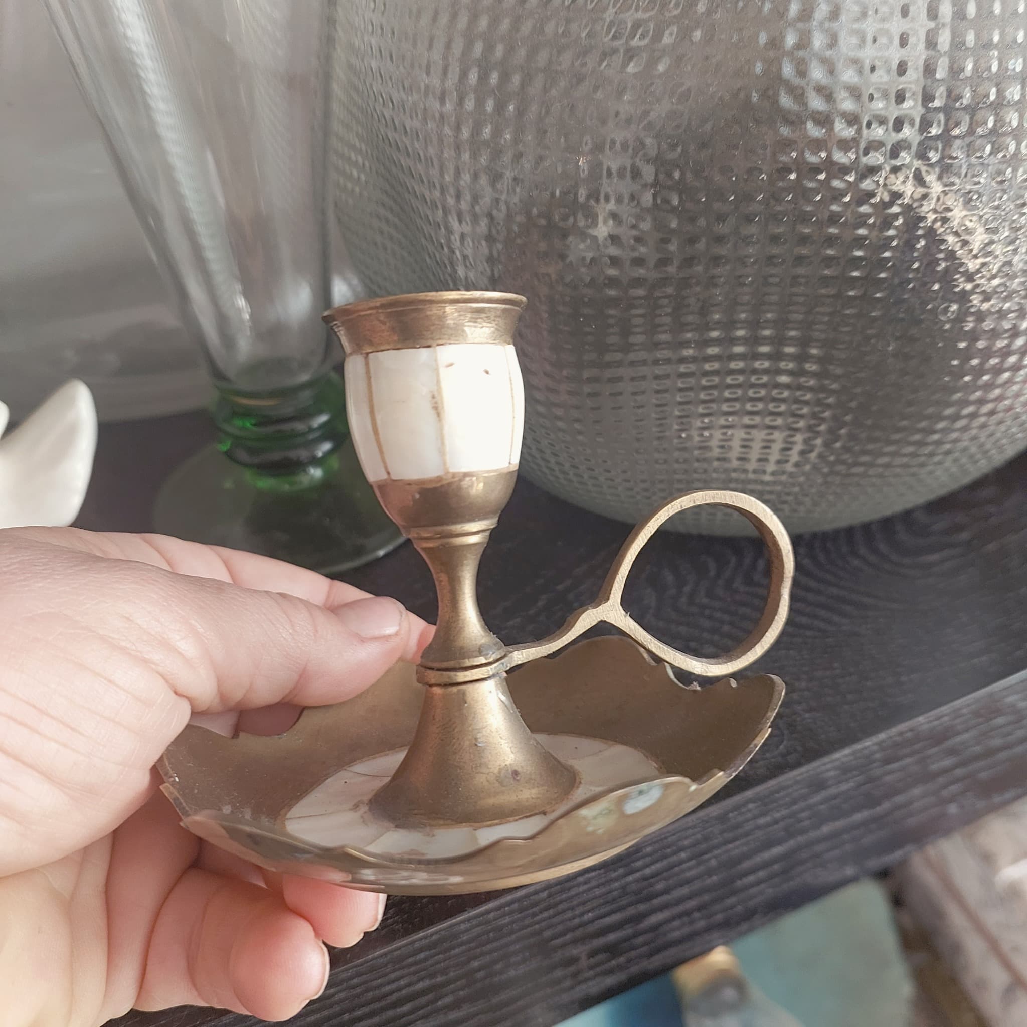 Vintage Brass and Mother of Pearl Chamberstick Candle Holder, Gold — photo 4 of 6