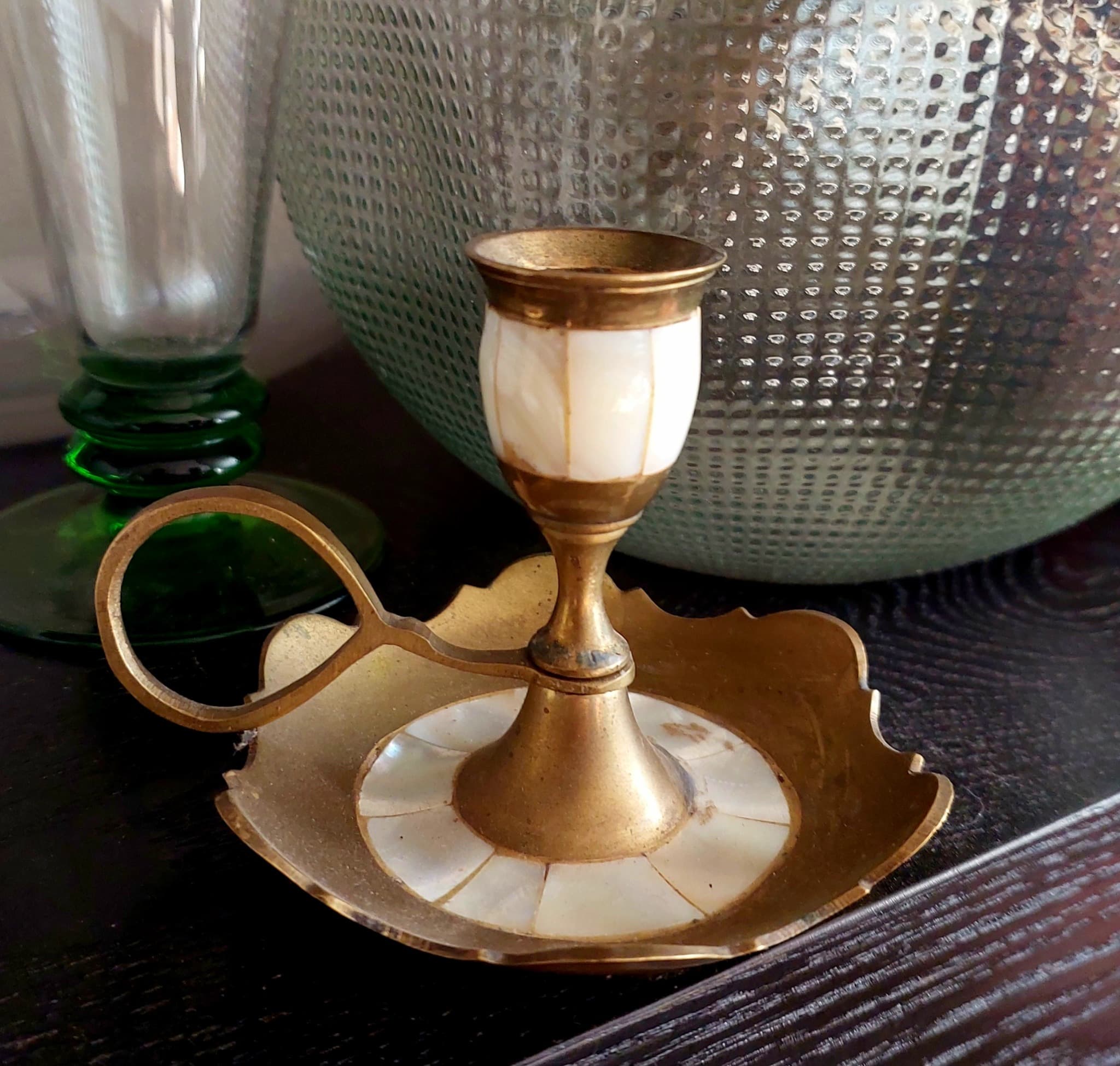 Vintage Brass and Mother of Pearl Chamberstick Candle Holder, Gold — photo 5 of 6