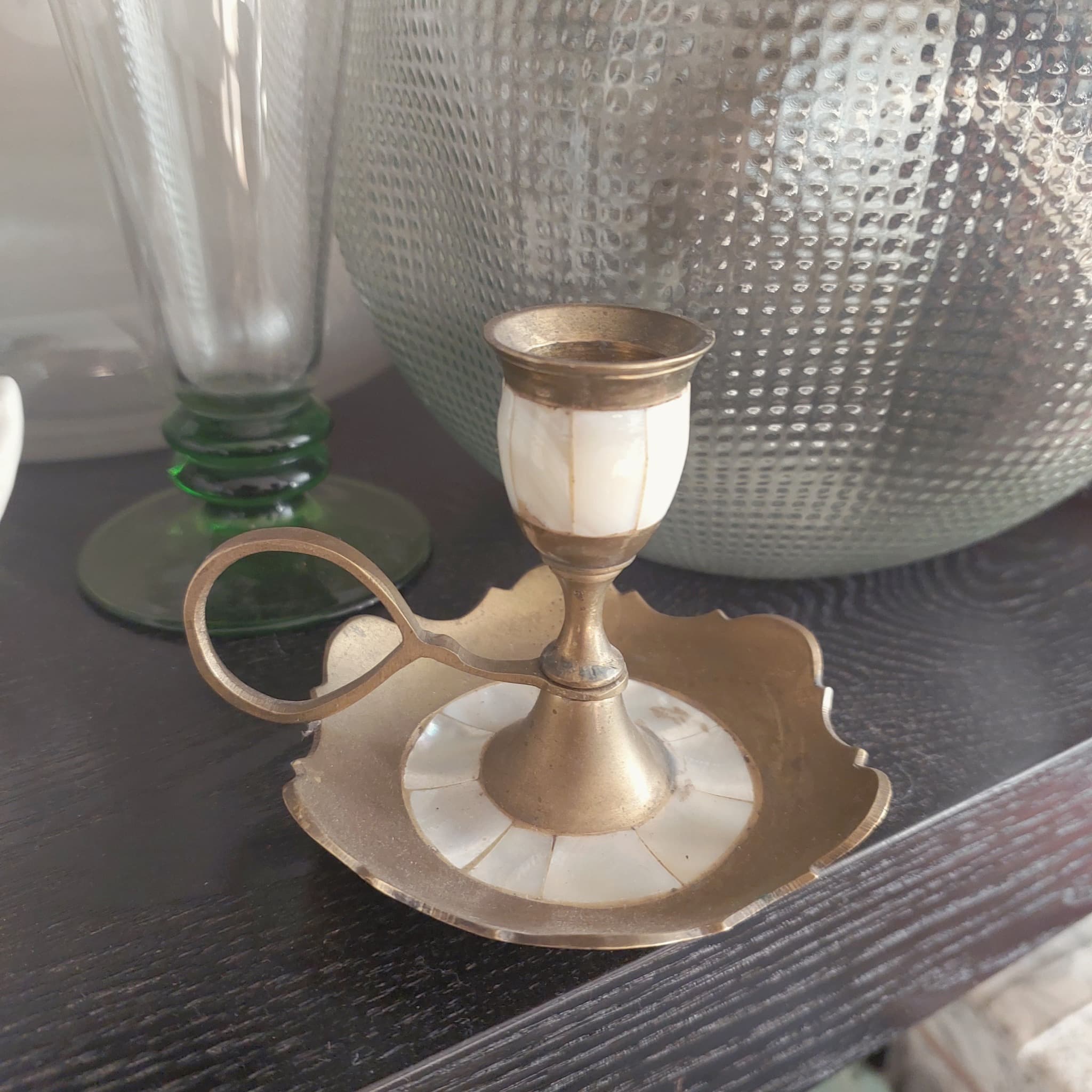 Vintage Brass and Mother of Pearl Chamberstick Candle Holder, Gold — photo 6 of 6