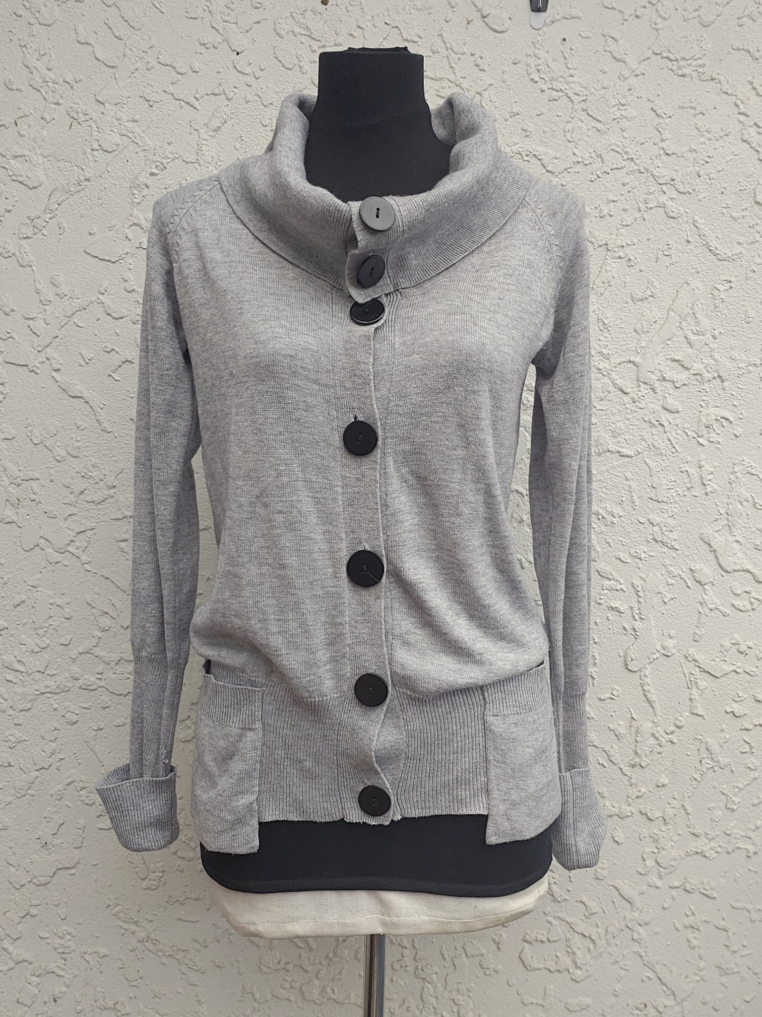 Vintage Y2K Sápa Grey Cowl Neck Cardigan, Button-Front, Size M