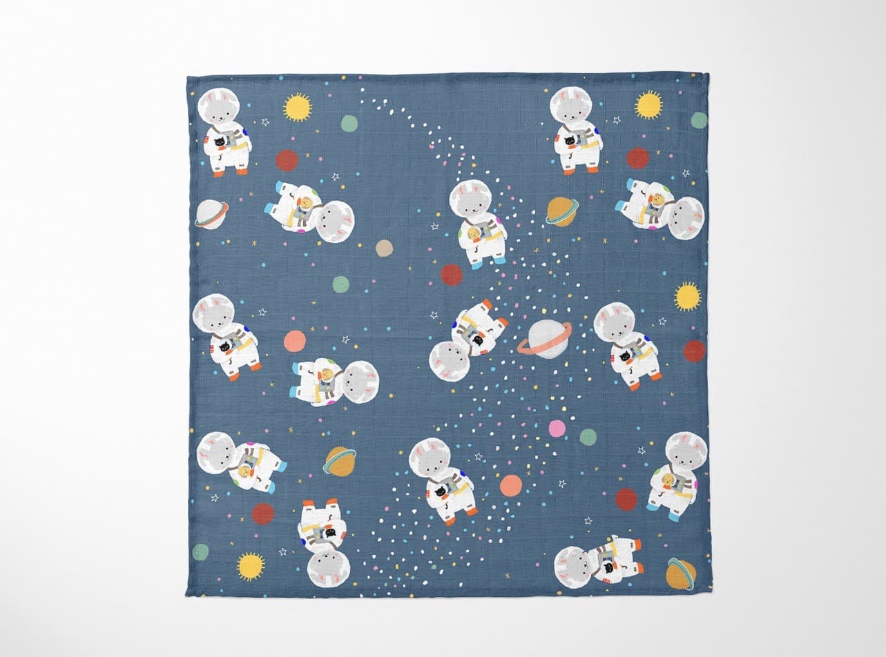 Suki McMaster Organic Bamboo Muslin Swaddle Blanket Space Bunny Cat Space Suit