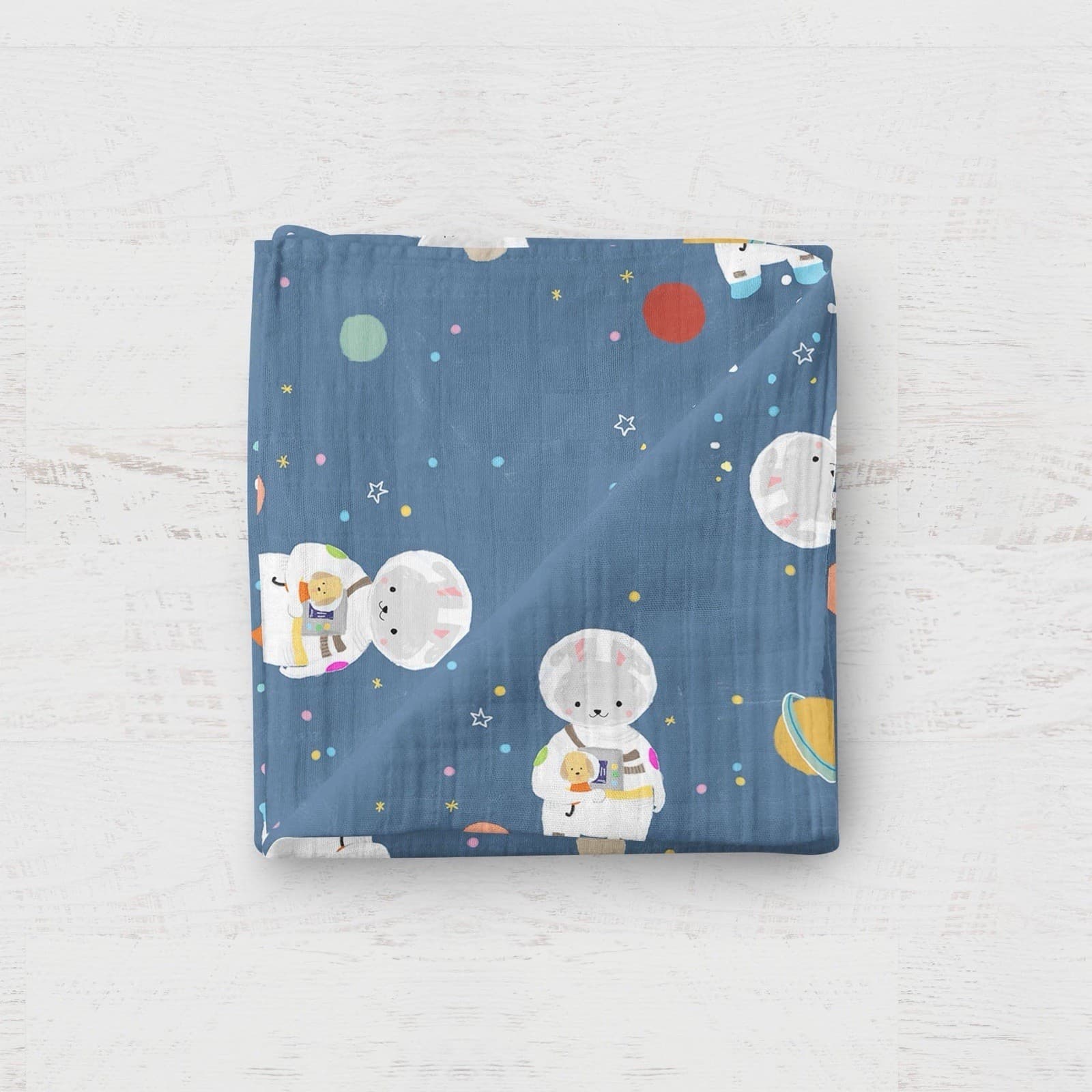 Suki McMaster Organic Bamboo Muslin Swaddle Blanket Space Bunny Cat Space Suit — photo 6 of 8