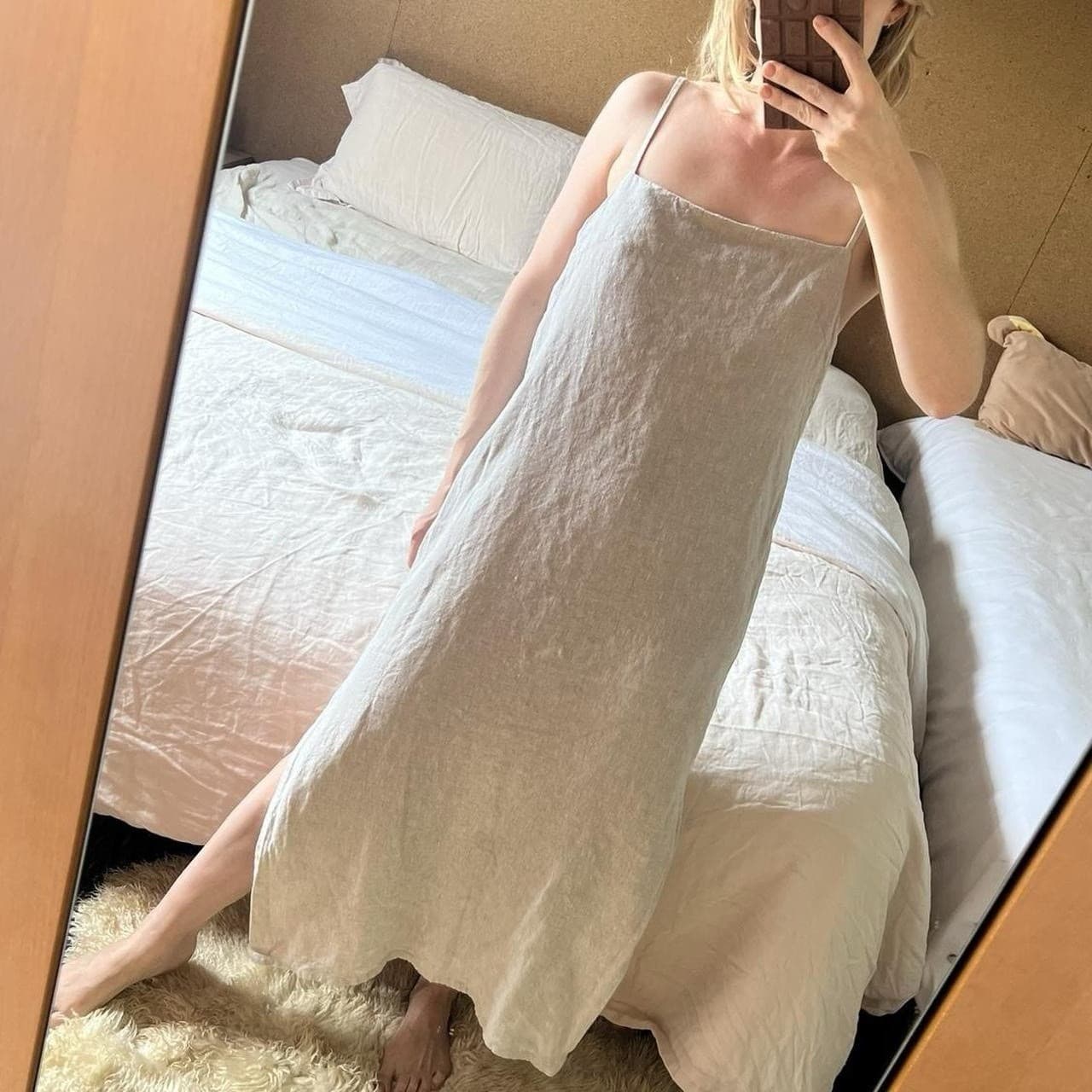 Museum Oatmeal Linen Midi Dress Romantic Coastal Prairie Boho Minimal Size S — photo 2 of 8