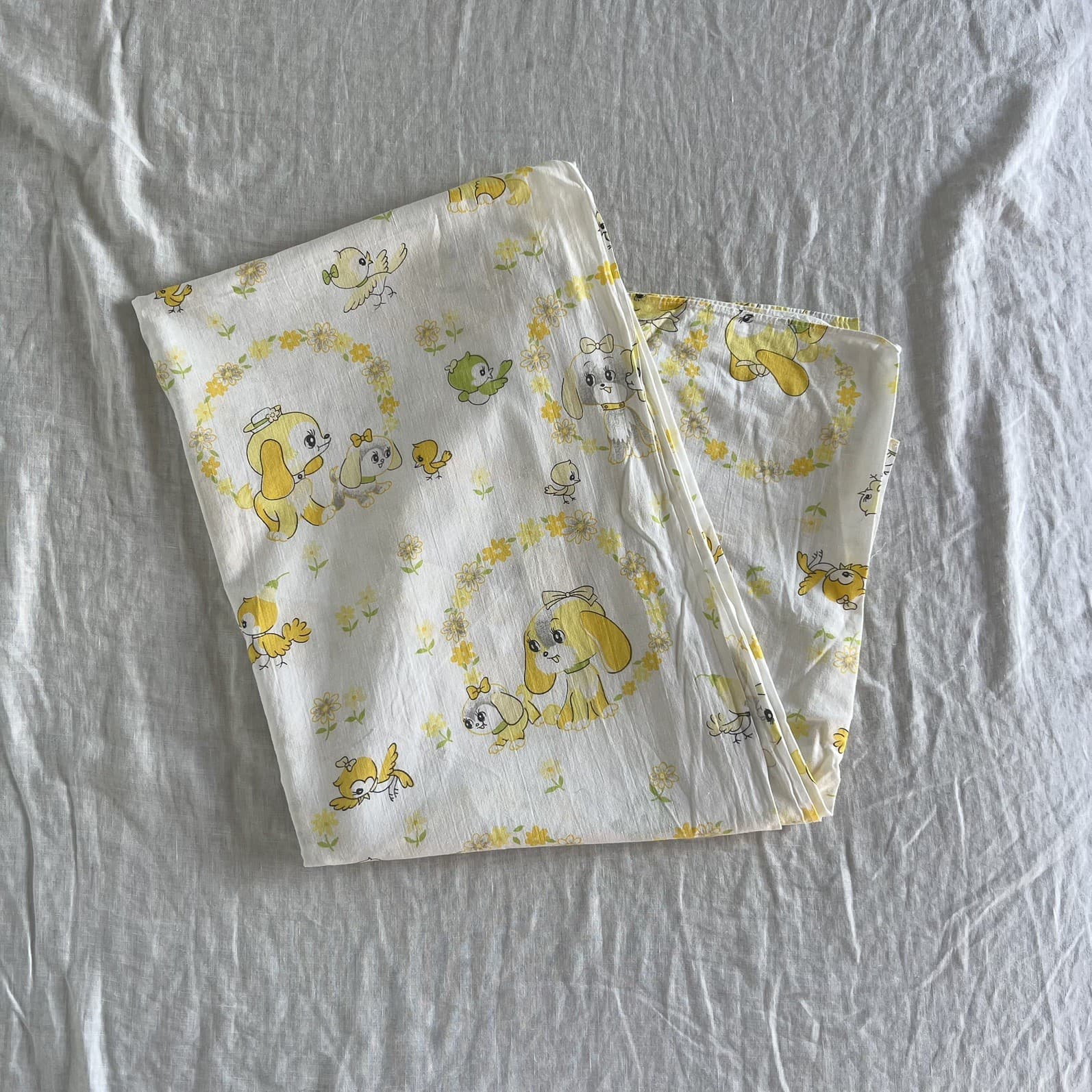 Vintage 1970s Cotton Cot Blanket Sheet Yellow Puppies Chicks Floral Craft Fabric