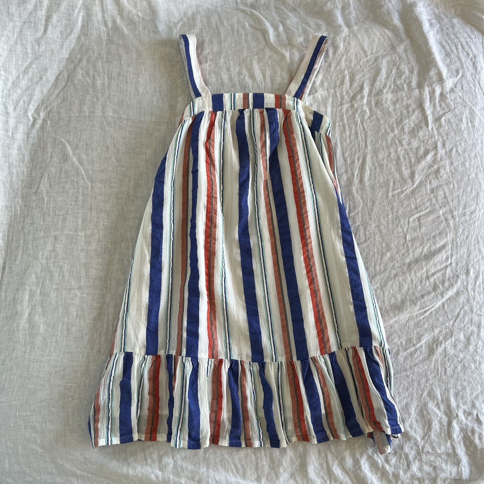 Country Road Girls Stripe Dress Summer Linen Blend Blue Terracotta Ruffle