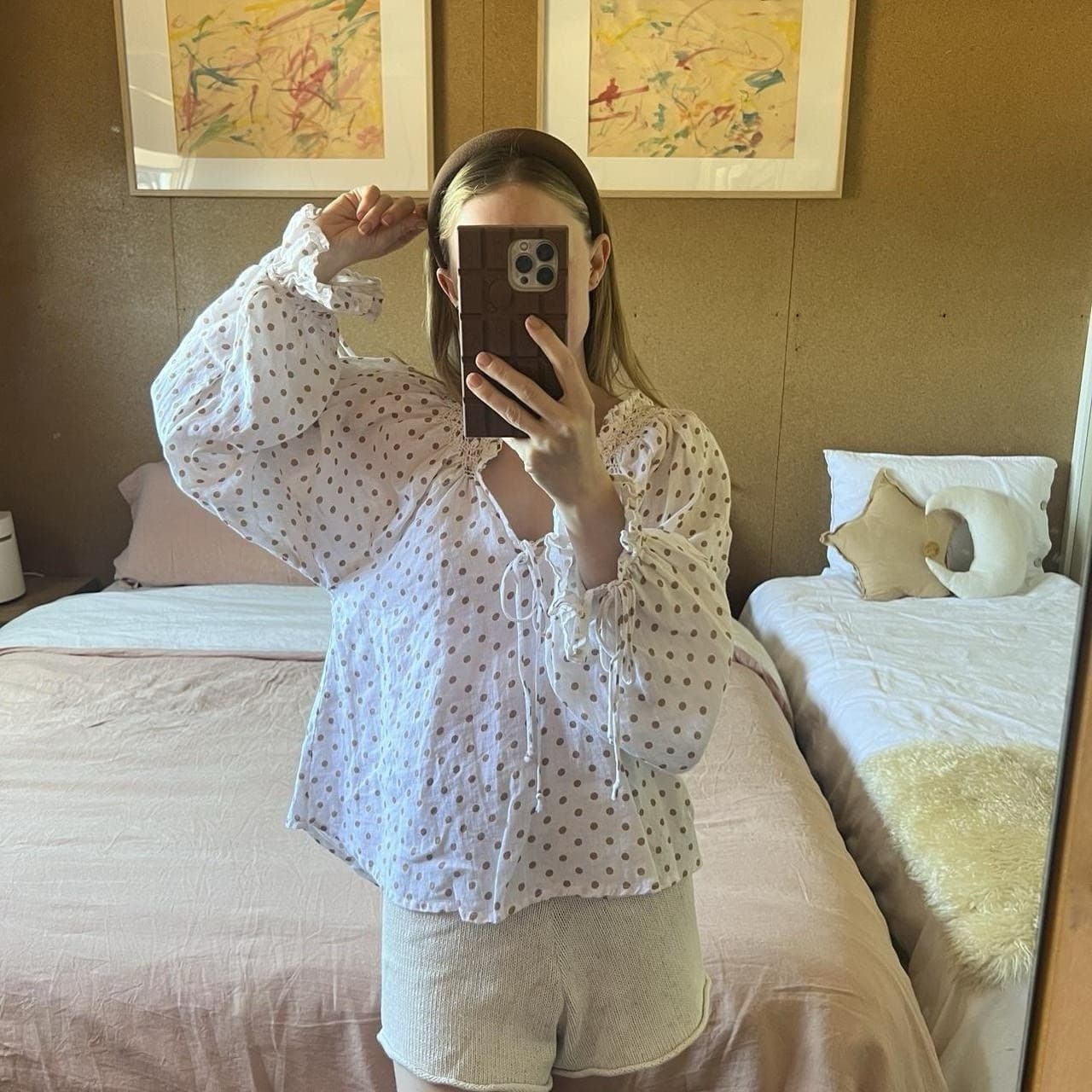 Kinga Csilla Linen Blouse White Beige Polka Dot Peasant Top Size 6 Cottagecore