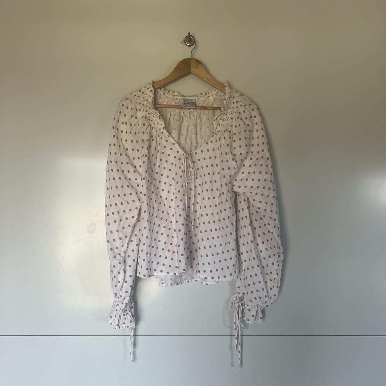 Kinga Csilla Linen Blouse White Beige Polka Dot Peasant Top Size 6 Cottagecore — photo 3 of 8