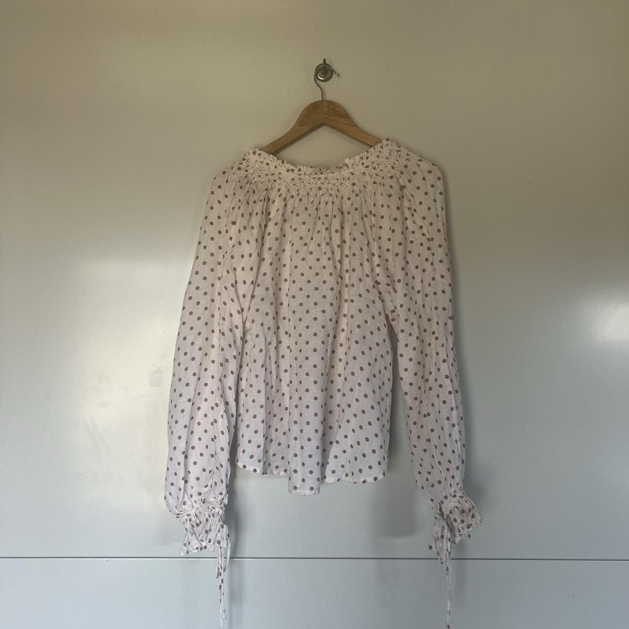 Kinga Csilla Linen Blouse White Beige Polka Dot Peasant Top Size 6 Cottagecore — photo 4 of 8