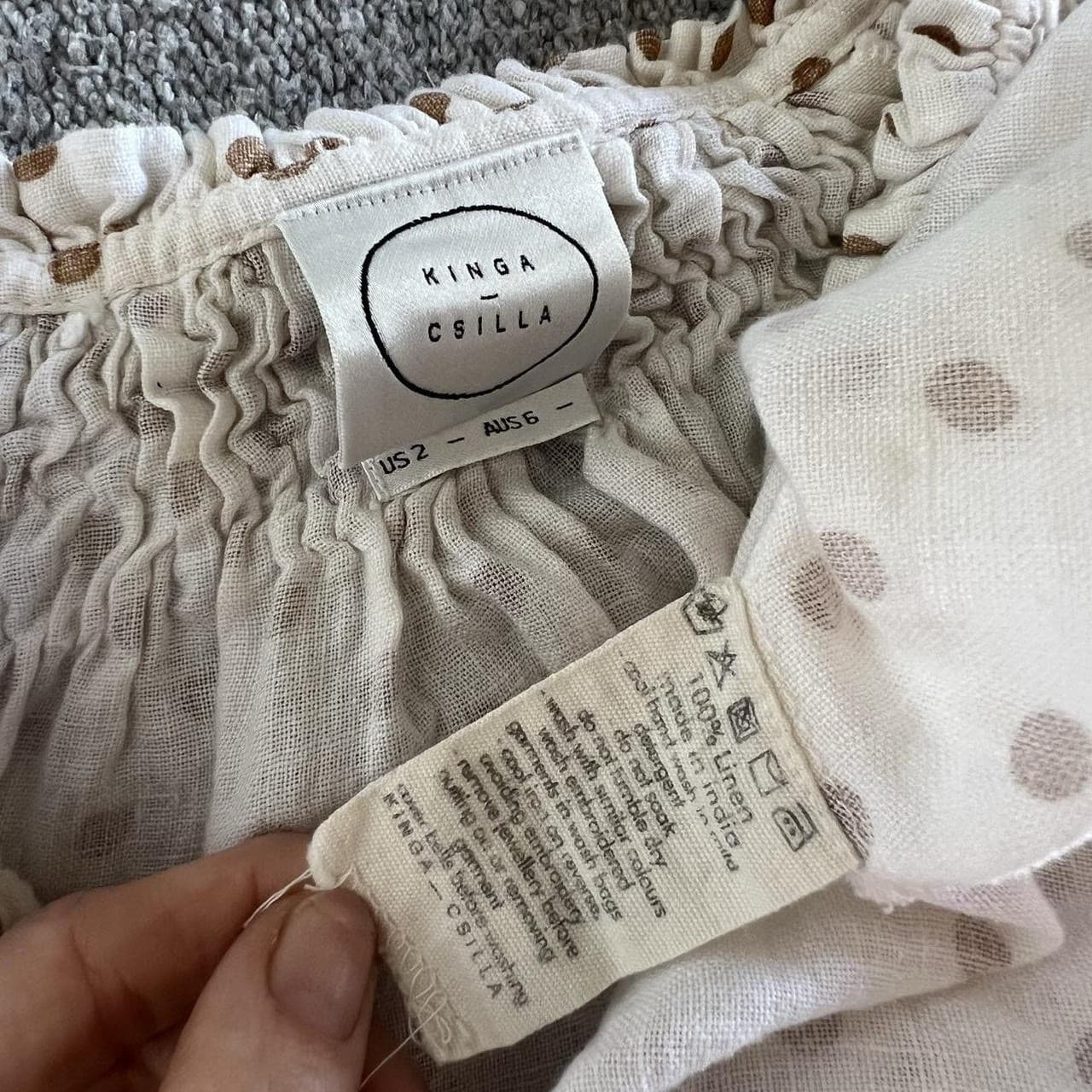 Kinga Csilla Linen Blouse White Beige Polka Dot Peasant Top Size 6 Cottagecore — photo 8 of 8