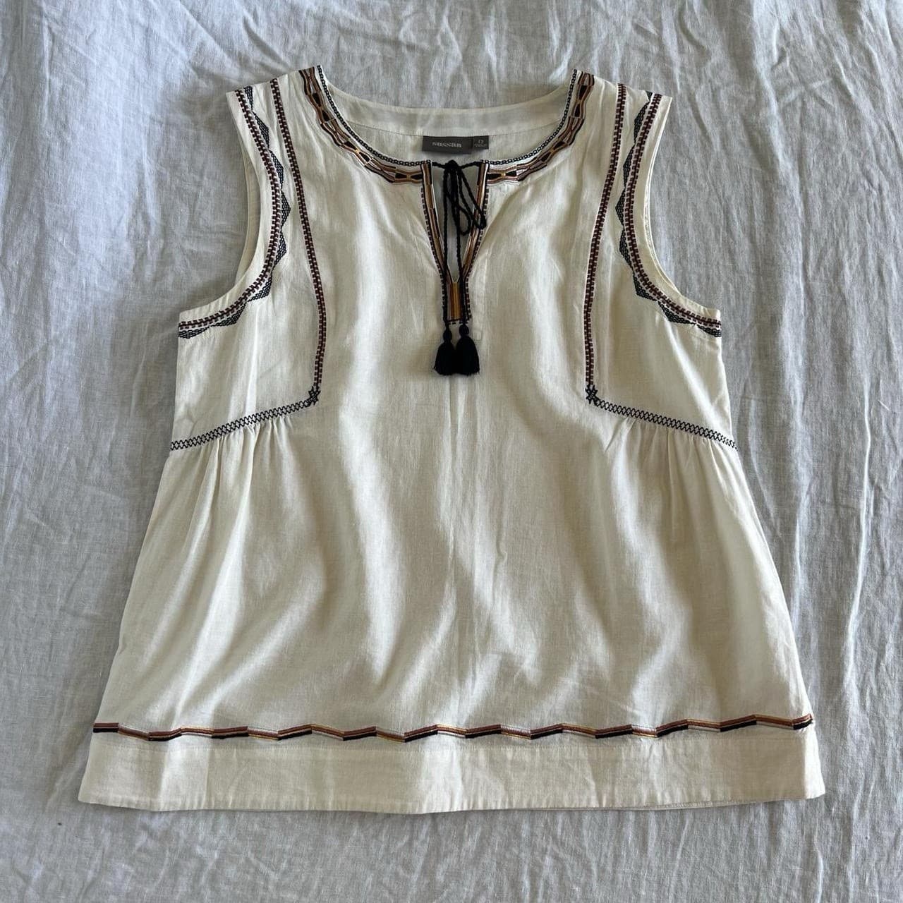 Sussan Cream Embroidered Boho Top Size 12 Prairie Folk Tassel Tie Blouse — photo 2 of 8
