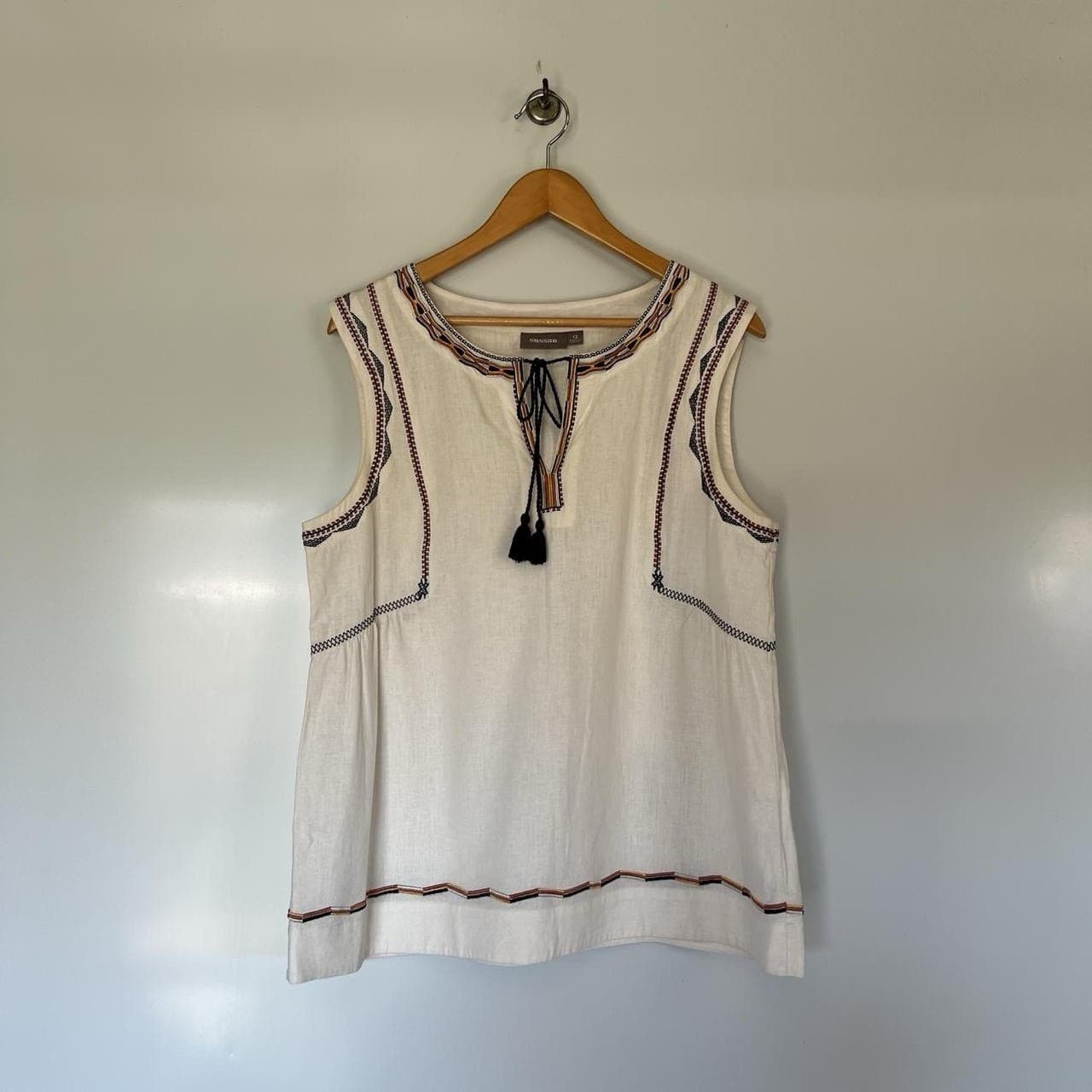 Sussan Cream Embroidered Boho Top Size 12 Prairie Folk Tassel Tie Blouse — photo 3 of 8