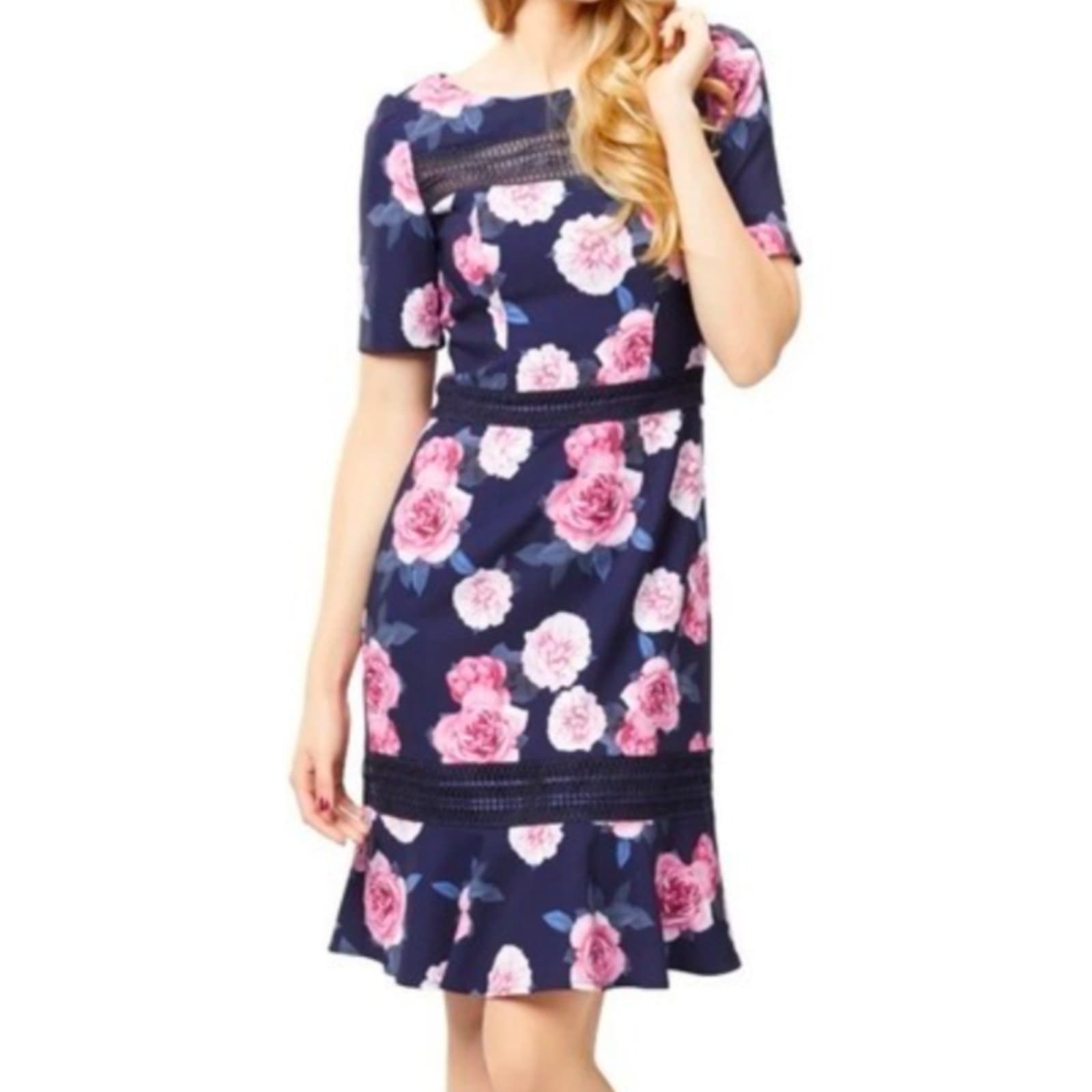 Review Dress Navy Pink Floral Plus Size Fit Flare Midi Plus Size Aus 16 US 12