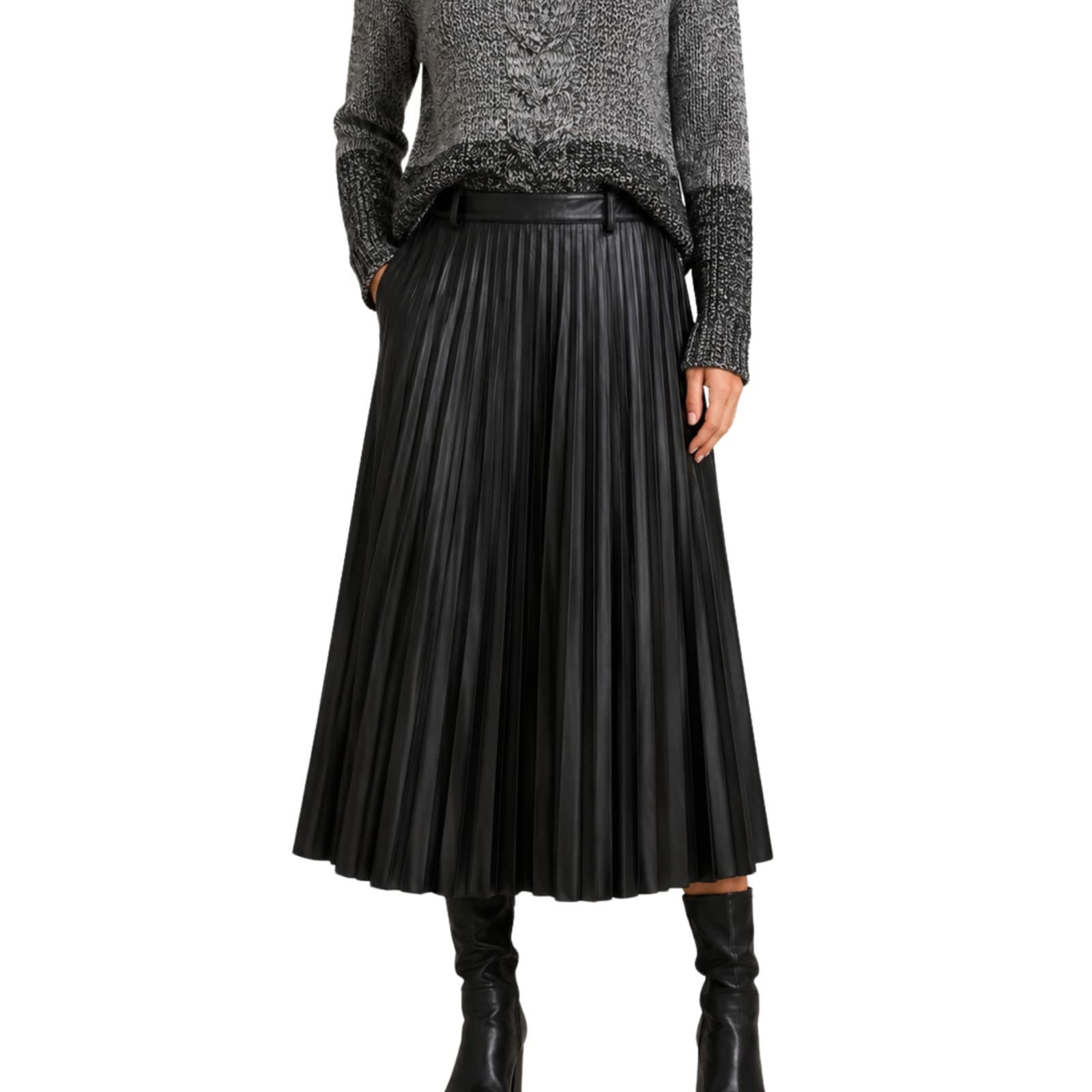 Portmans Vegan Leather Pleated Midi Skirt Black Size 14 High Waist