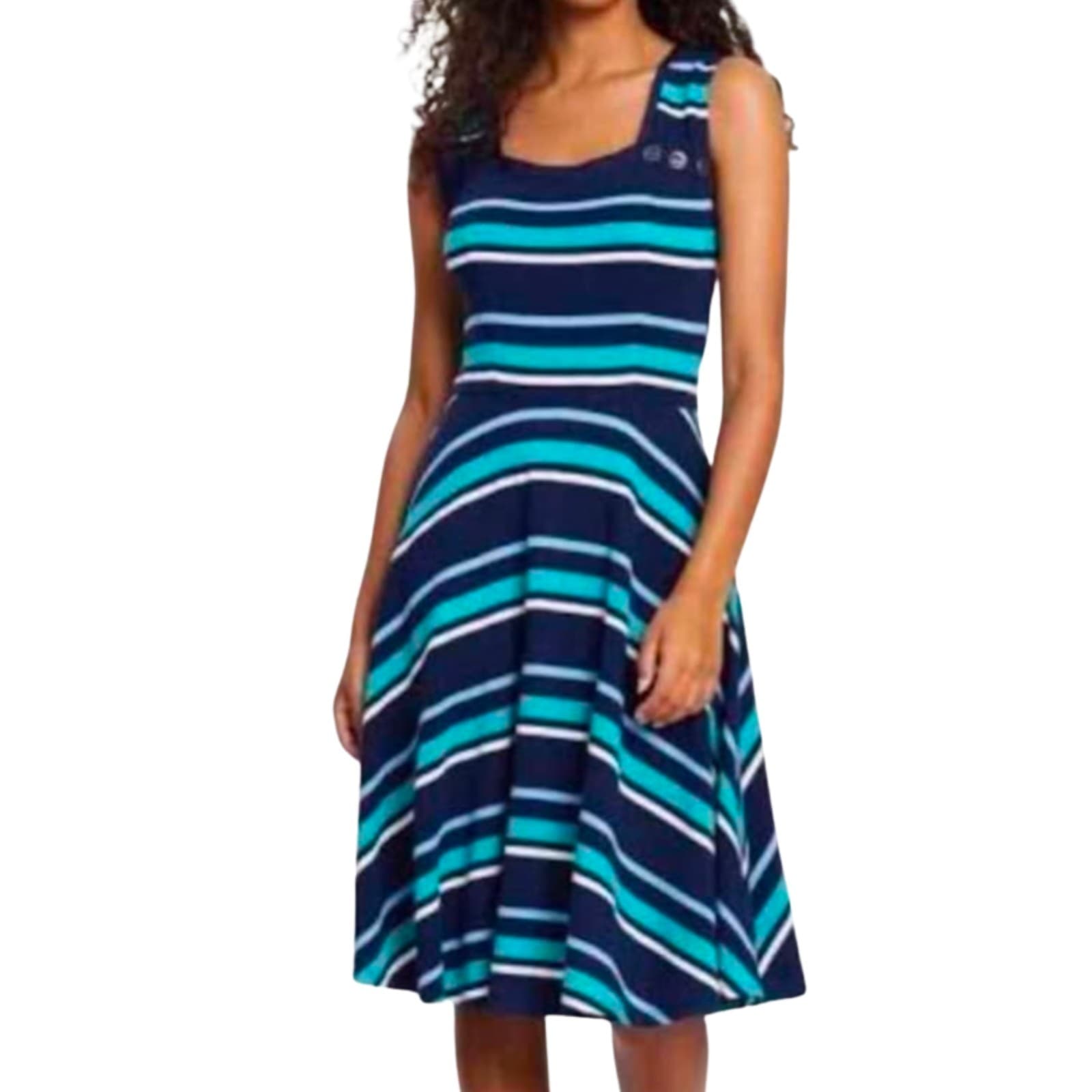Review Dress Navy Blue Stripe Knit A Line Retro Nautical Size 12 AUS US 8