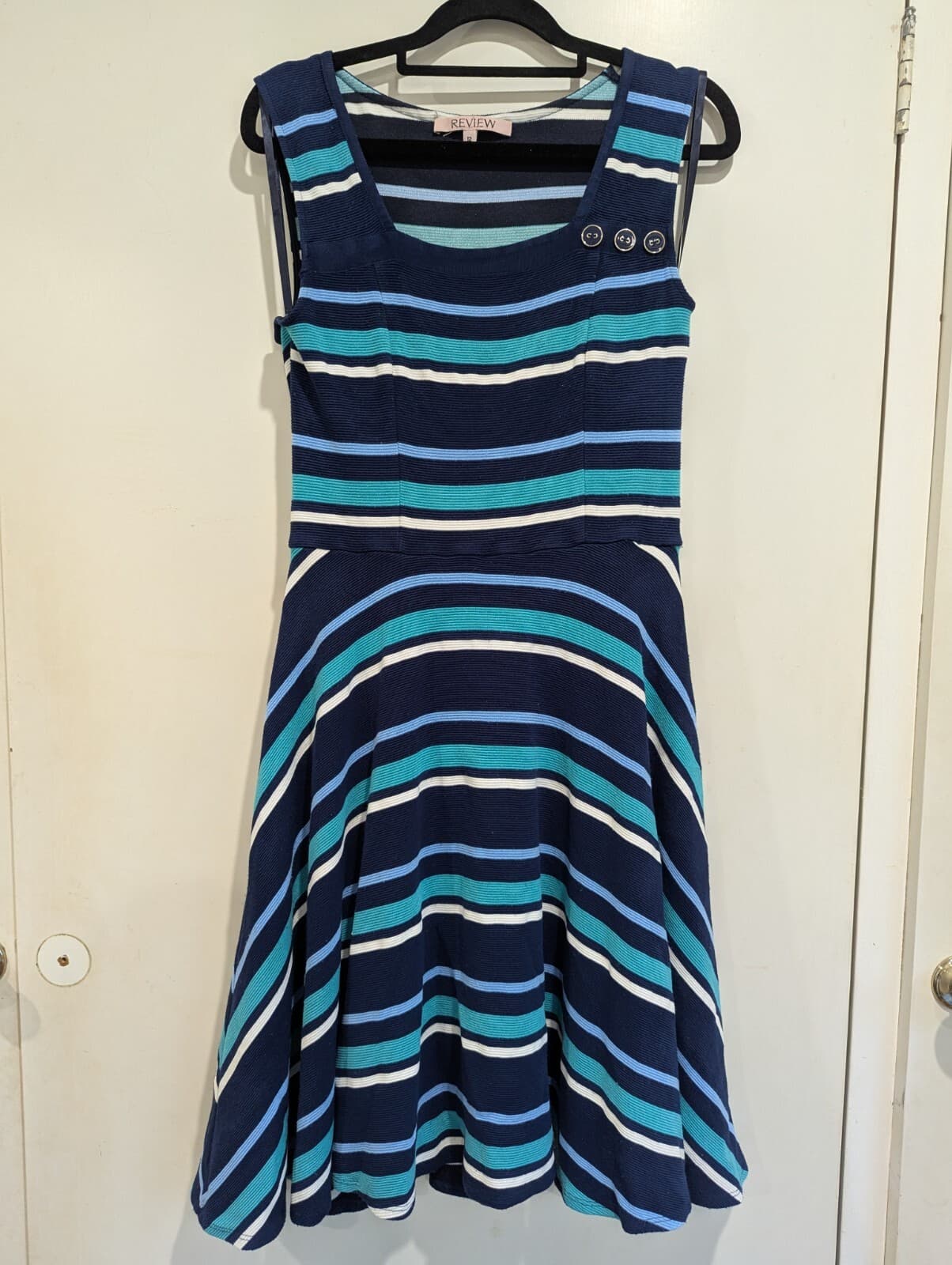 Review Dress Navy Blue Stripe Knit A Line Retro Nautical Size 12 AUS US 8 — photo 4 of 6