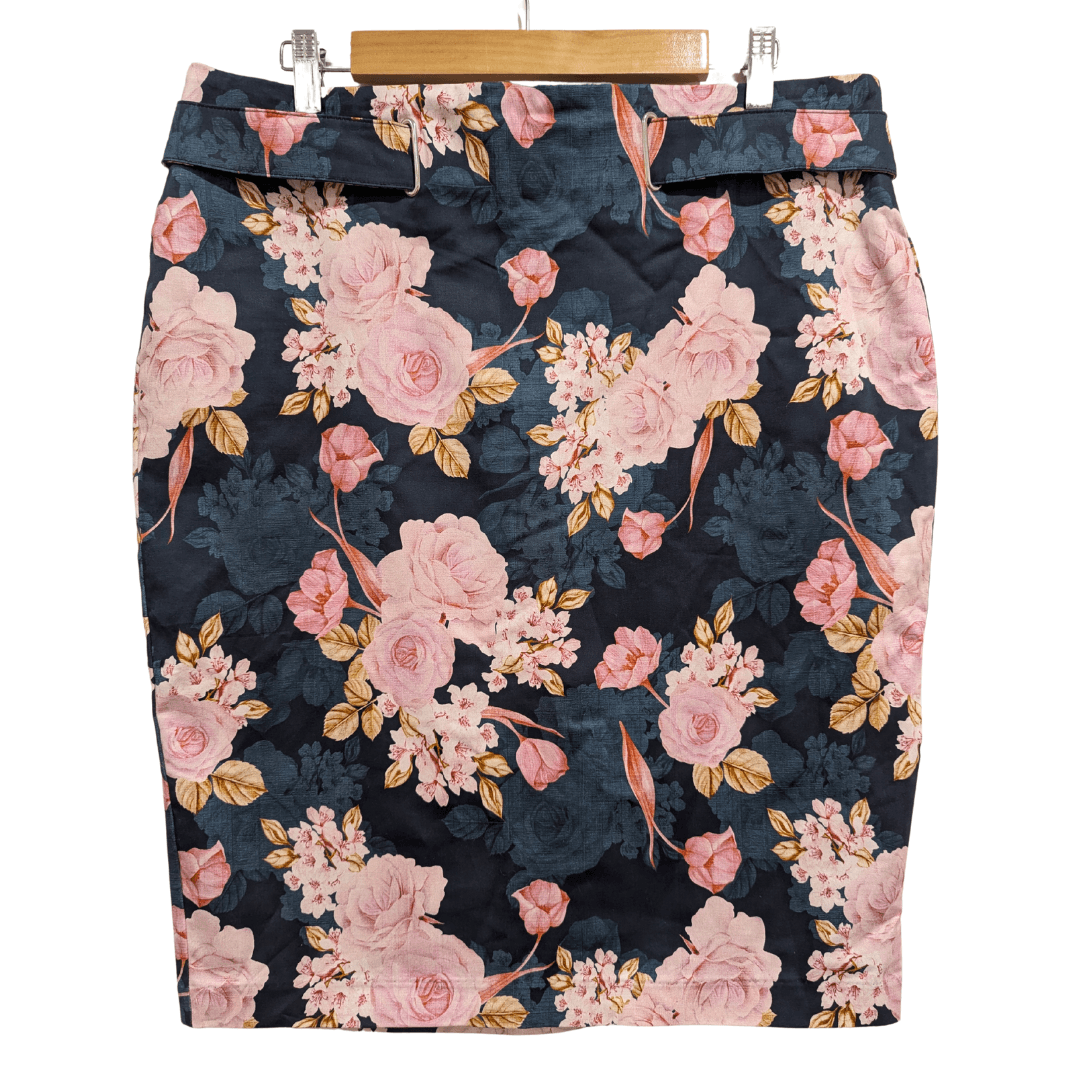Portmans Skirt Floral Pencil Size Aus 16 US 12 Navy Pink Cotton Blend Workwear