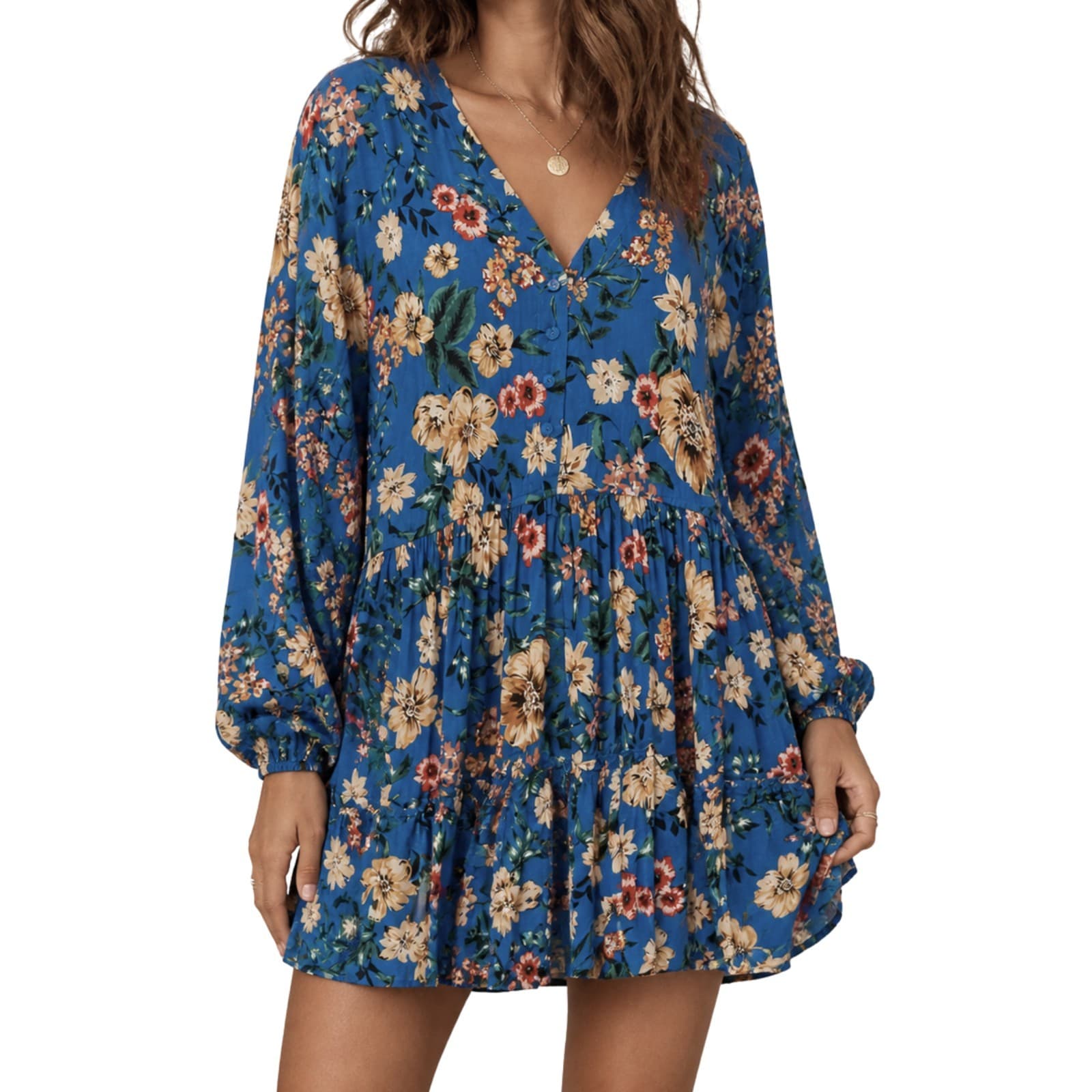 Dreamcatcher Dress Size 16 2XL Blue Floral Boho Mini Tiered Rayon Long Sleeve