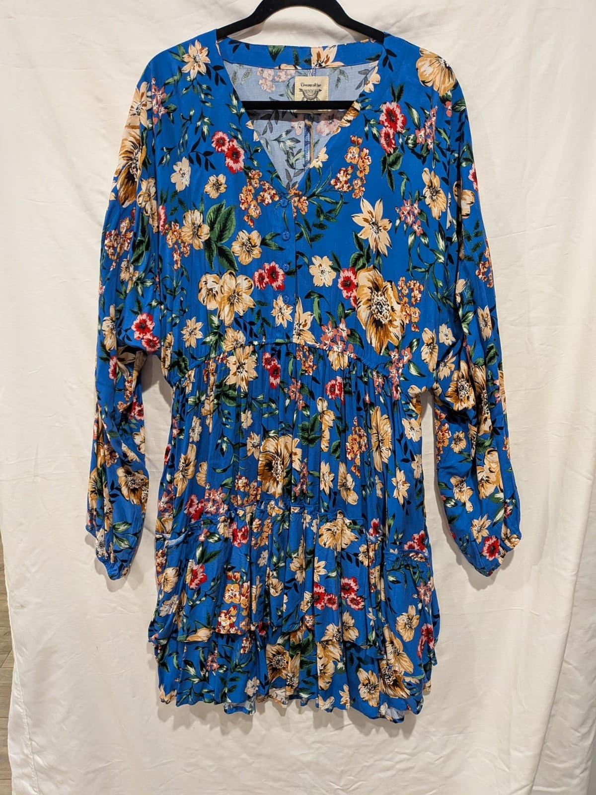 Dreamcatcher Dress Size 16 2XL Blue Floral Boho Mini Tiered Rayon Long Sleeve — photo 3 of 12