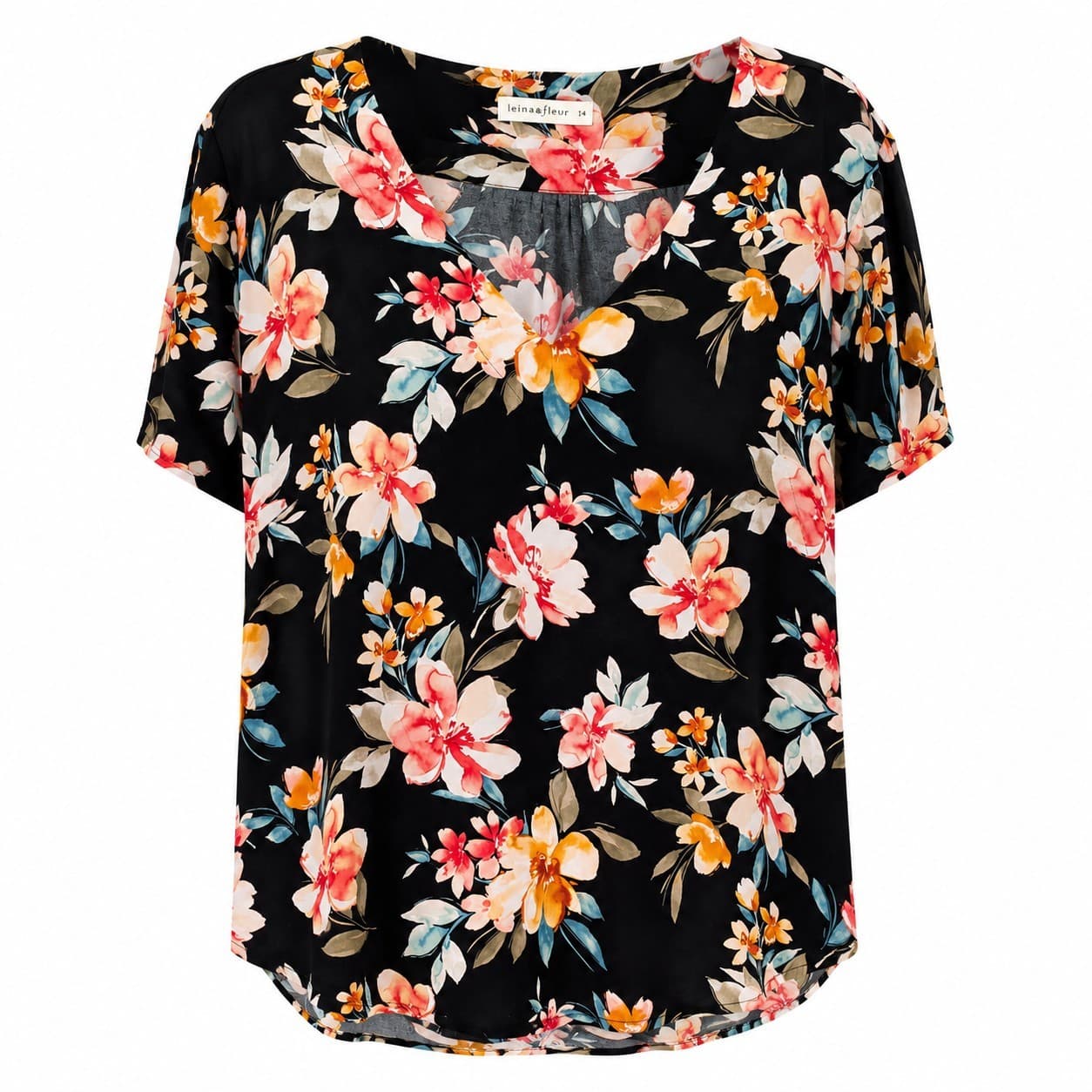 Leina & Fleur Floral Top Size 14 Black Pink Stretch V Neck Short Sleeve Blouse
