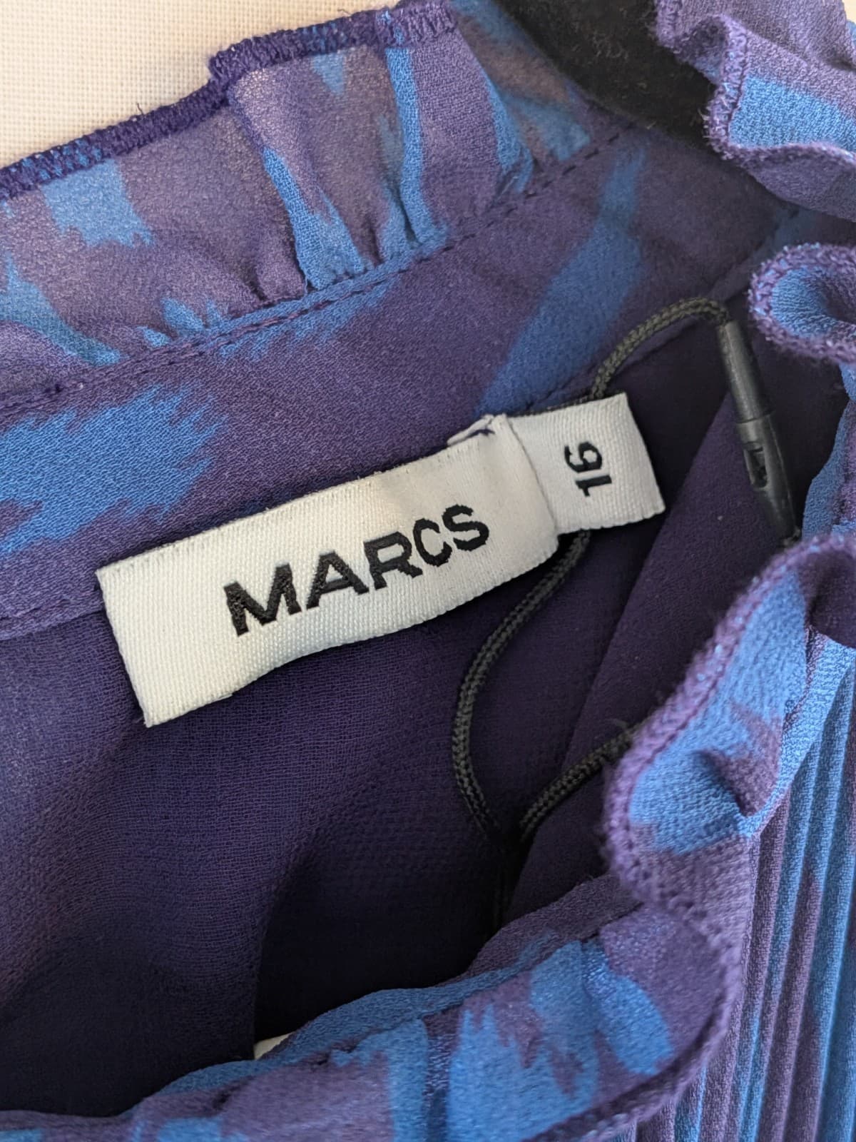 Marcs Dress Size 16 Blue Purple Pleated Long Sleeve Sheer Lined Shift Dress — photo 7 of 12
