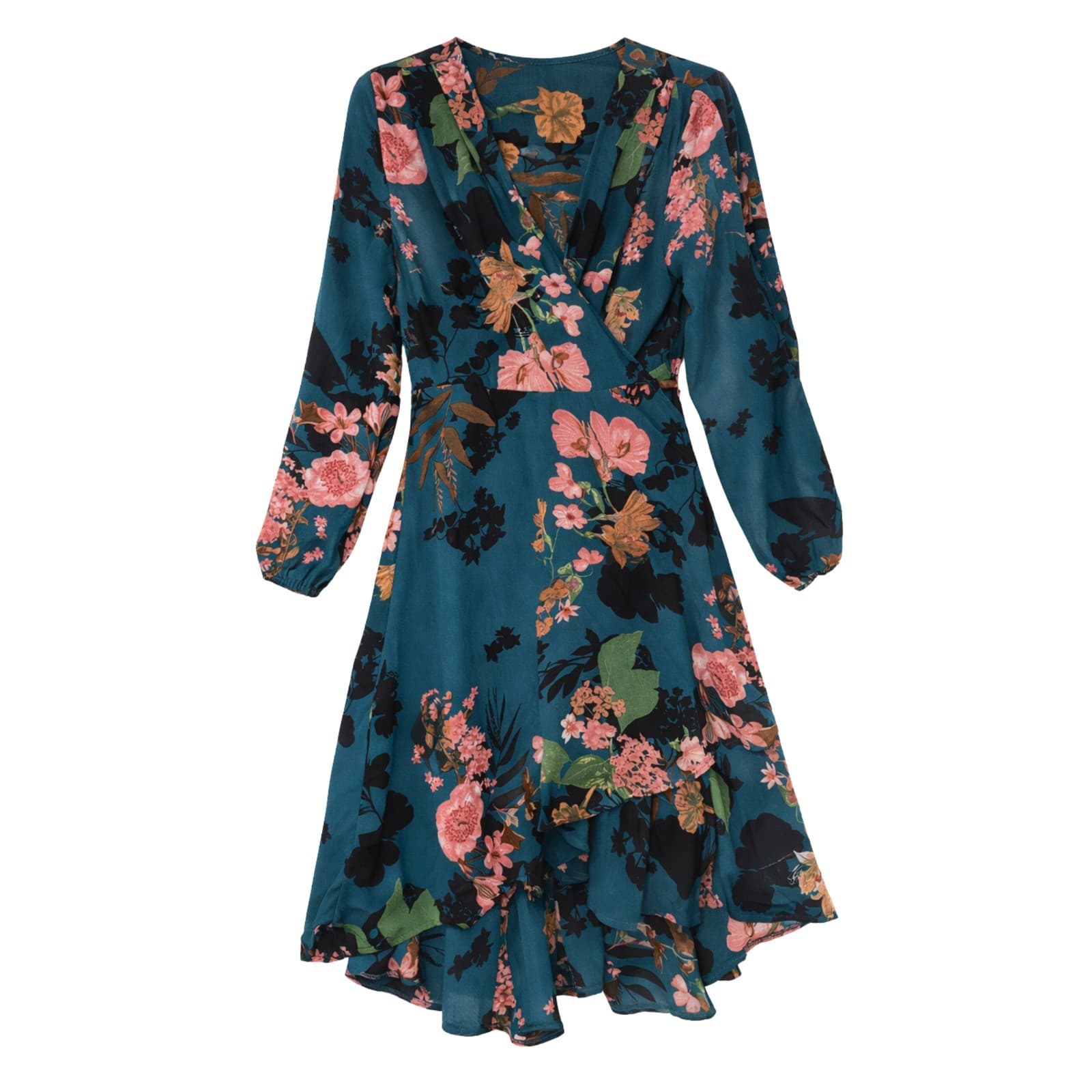 St Frock Dress Aus 10 US 6 Teal Floral Wrap Midi Long Sleeve Ruffle Hem