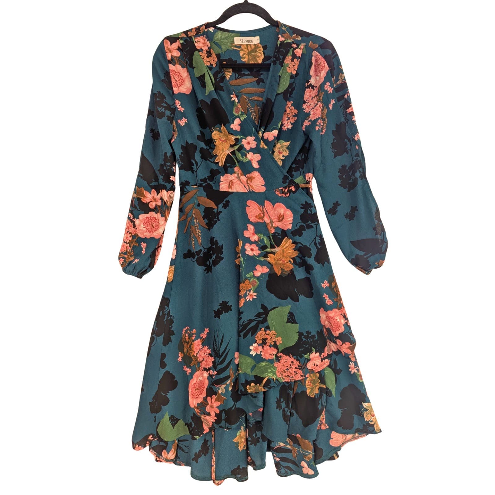 St Frock Dress Aus 10 US 6 Teal Floral Wrap Midi Long Sleeve Ruffle Hem — photo 2 of 10